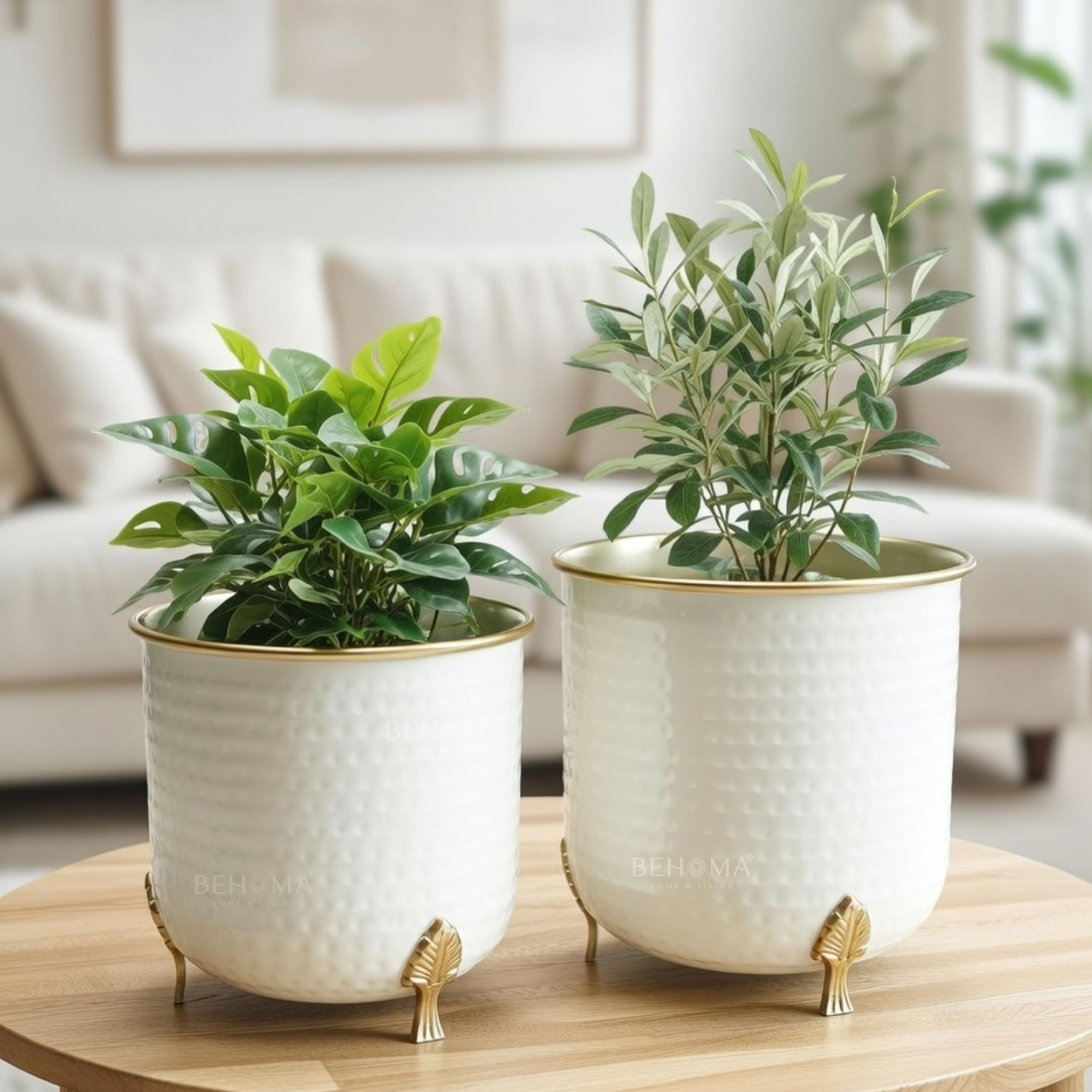 BEHOMA Metal Hammered Leaf Leg Planter Set of 2, White Planter with Golden Trim, Modern Indoor Outdoor Decor Balcony Living Room Office |Table Decoratives Plant Pot for Gifting (Plant not Included)