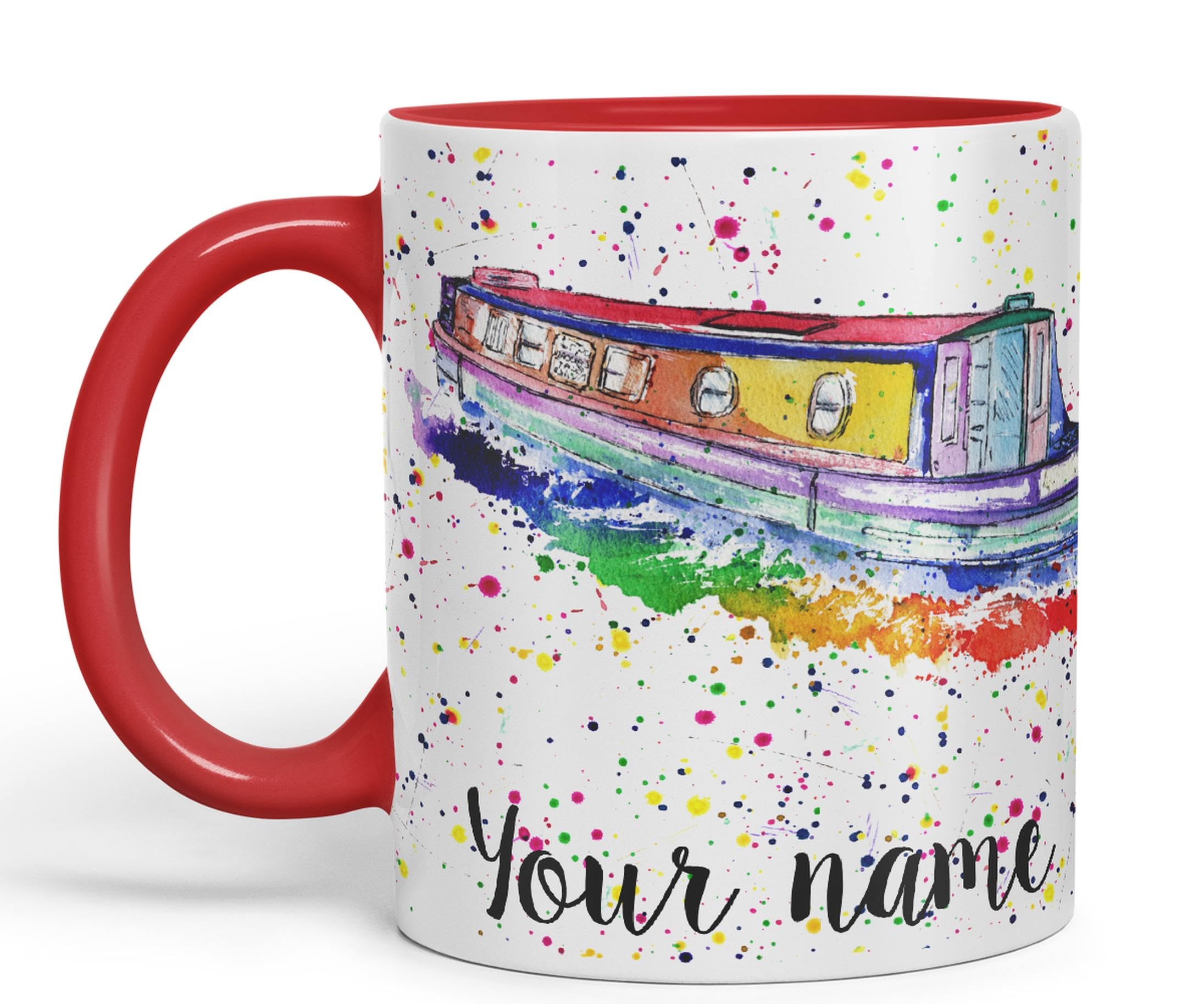 Vixar Personalised with Your Text Narrowboat Canal Boat Watercolour Art Coloured Ceramic Mug Cup Gift 330ml 11oz Custom Work Office Tea Coffee (Red)