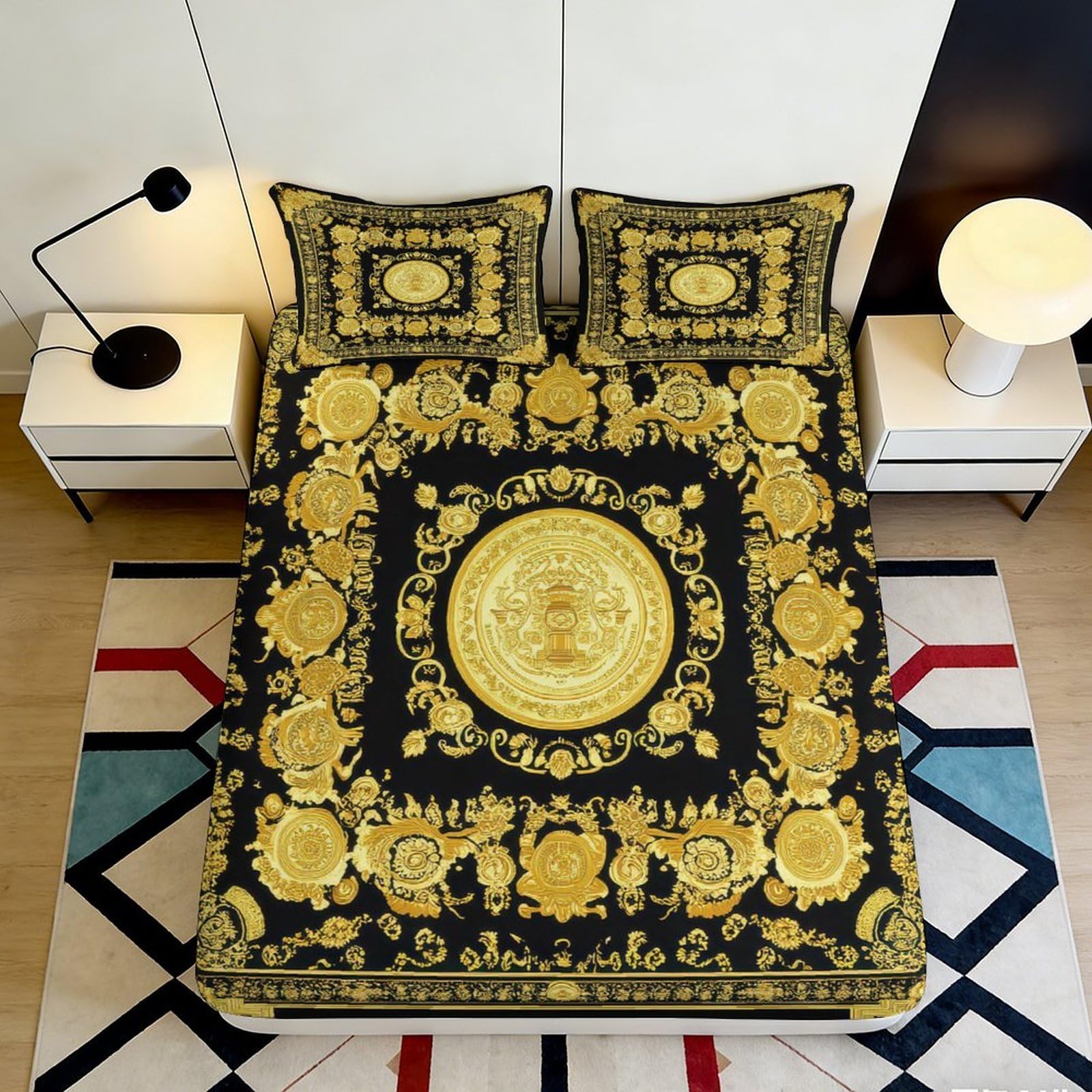 3D Printed Baroque Medallion Fitted Sheet Microfiber Black Gold Pattern Mattress Cover for Bedroom Guest Room Decor 90x200x25cm