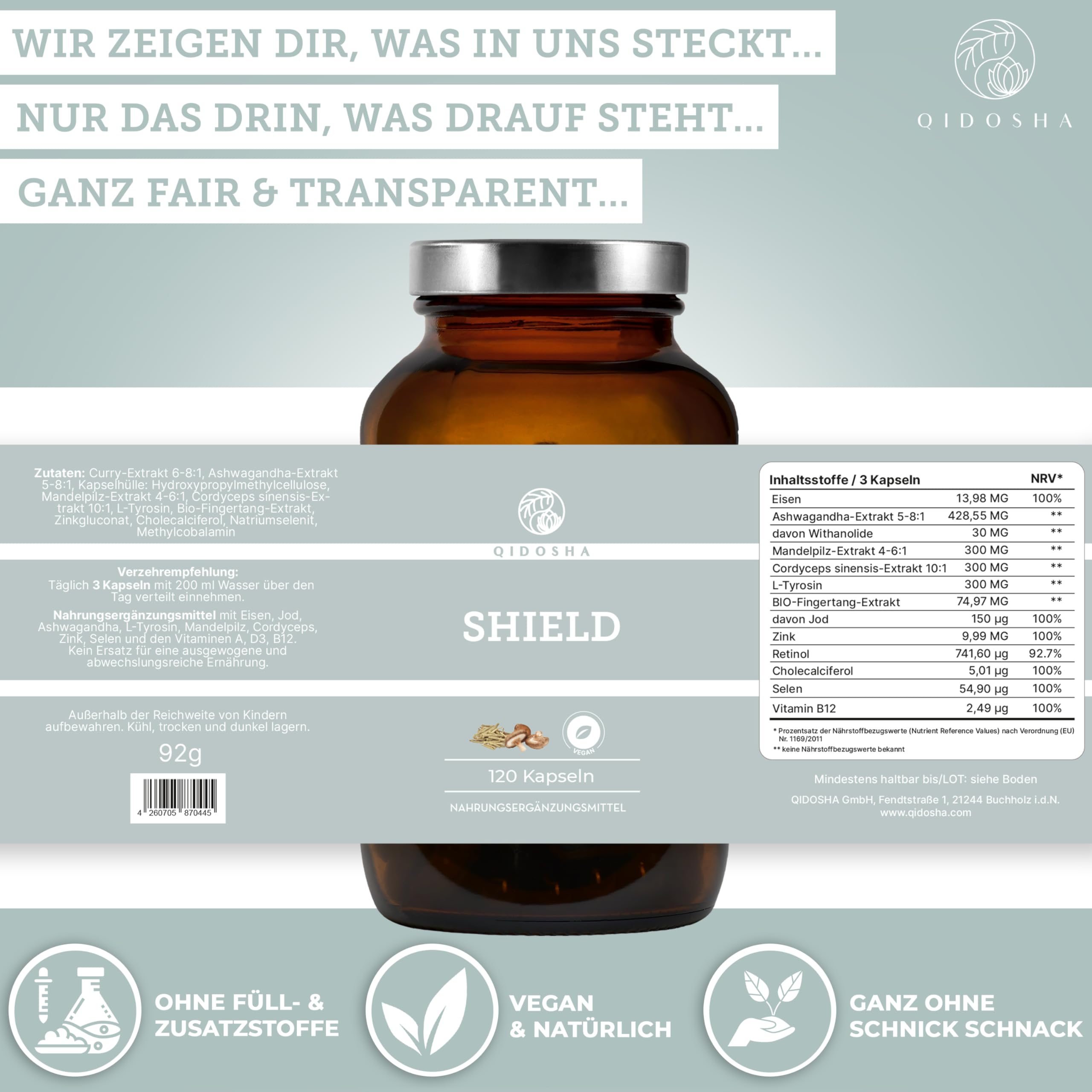 QIDOSHA® SHIELD Jod Selen Komplex für die Schilddrüse², plus L-Tyrosin, Eisen, Zink, Ashwagandha, Cordyceps, Agaricus blazei & den Vitaminen A, D3, B12, natürlich und vegan, 120 Kapseln