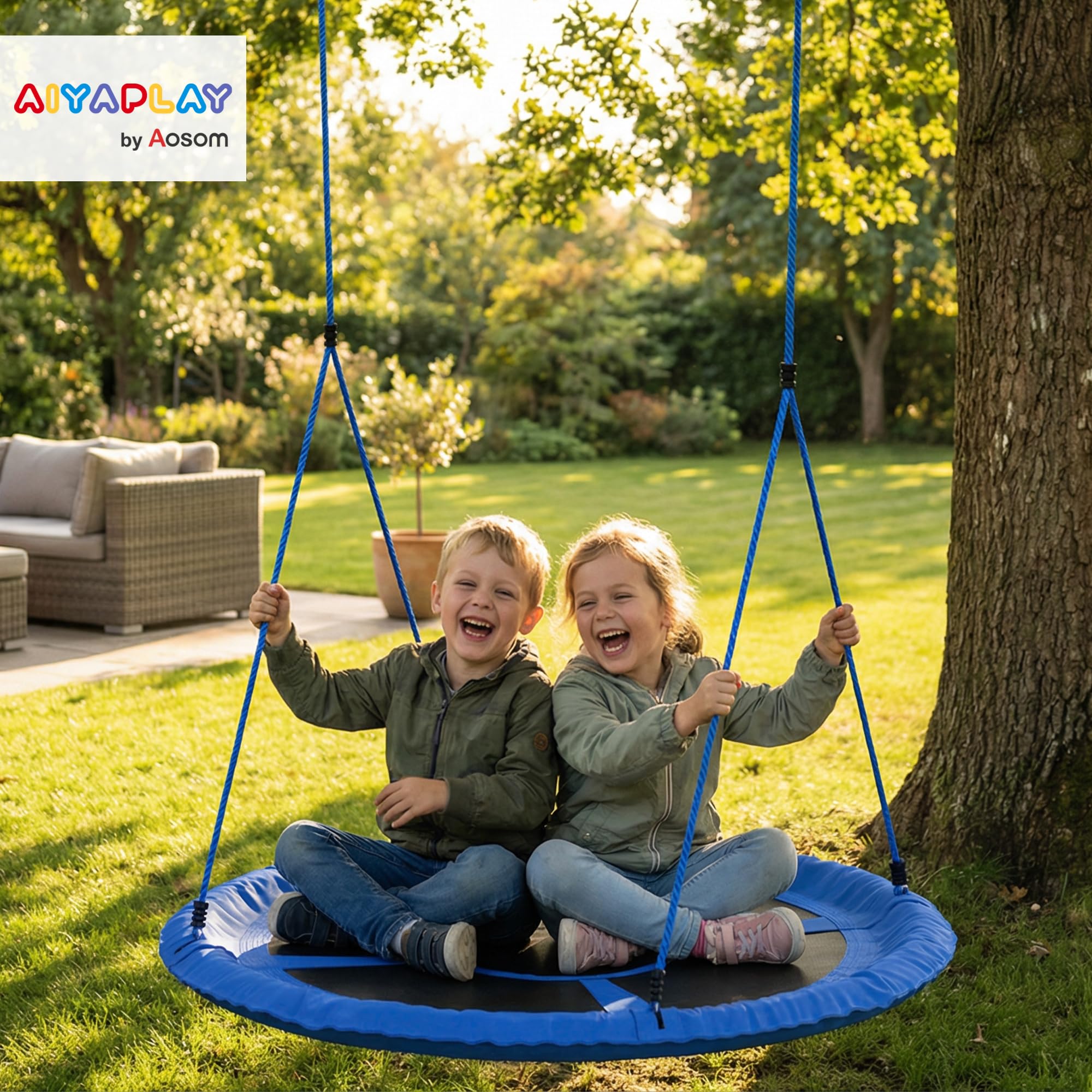AIYAPLAY Balançoire Nid d'Oiseau Cordes Réglables 2 Enfants Ø 80 cm Bleu | Siège Rond, Charge 200 kg, Aire de Jeux Extérieure, Jardin, Terrasse, Arrière-Cour