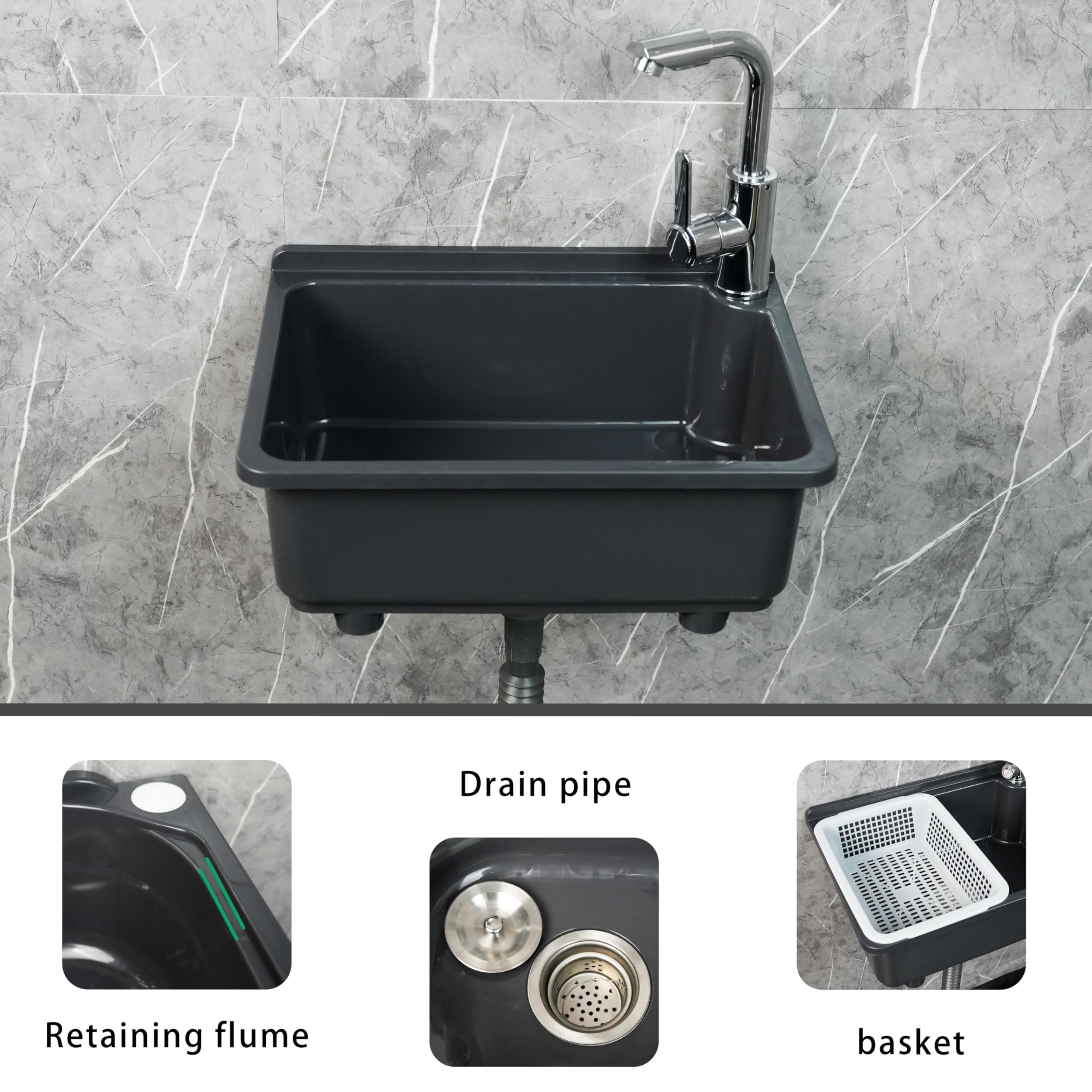 Lavabi da cucina utilitario a vasca singola da 42 x 32 cm con foro rubinetto da 3,2 cm, lavandino in plastica per casa, ristorante, dormitorio, garage, bagno, lavanderia (grigio)