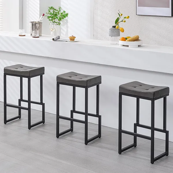 FIRAVOE Bar Stools Set of 3, 28" Counter Height Bar Stools, Faux Leather Barstools for Kitchen Island, Backless Saddle Stools with Metal Legs (Grey, 3PCS 28" Bar Stools)