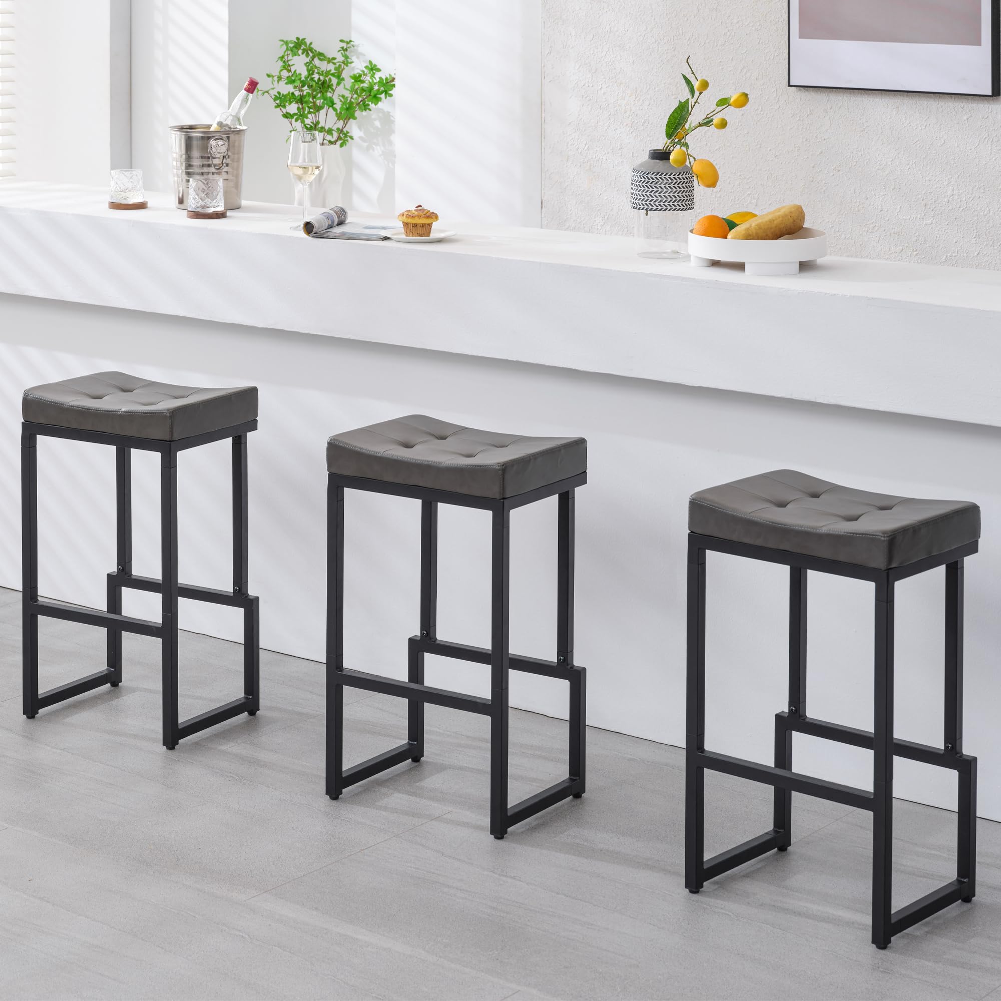FIRAVOE Bar Stools Set of 3, 28" Counter Height Bar Stools, Faux Leather Barstools for Kitchen Island, Backless Saddle Stools with Metal Legs (Grey,