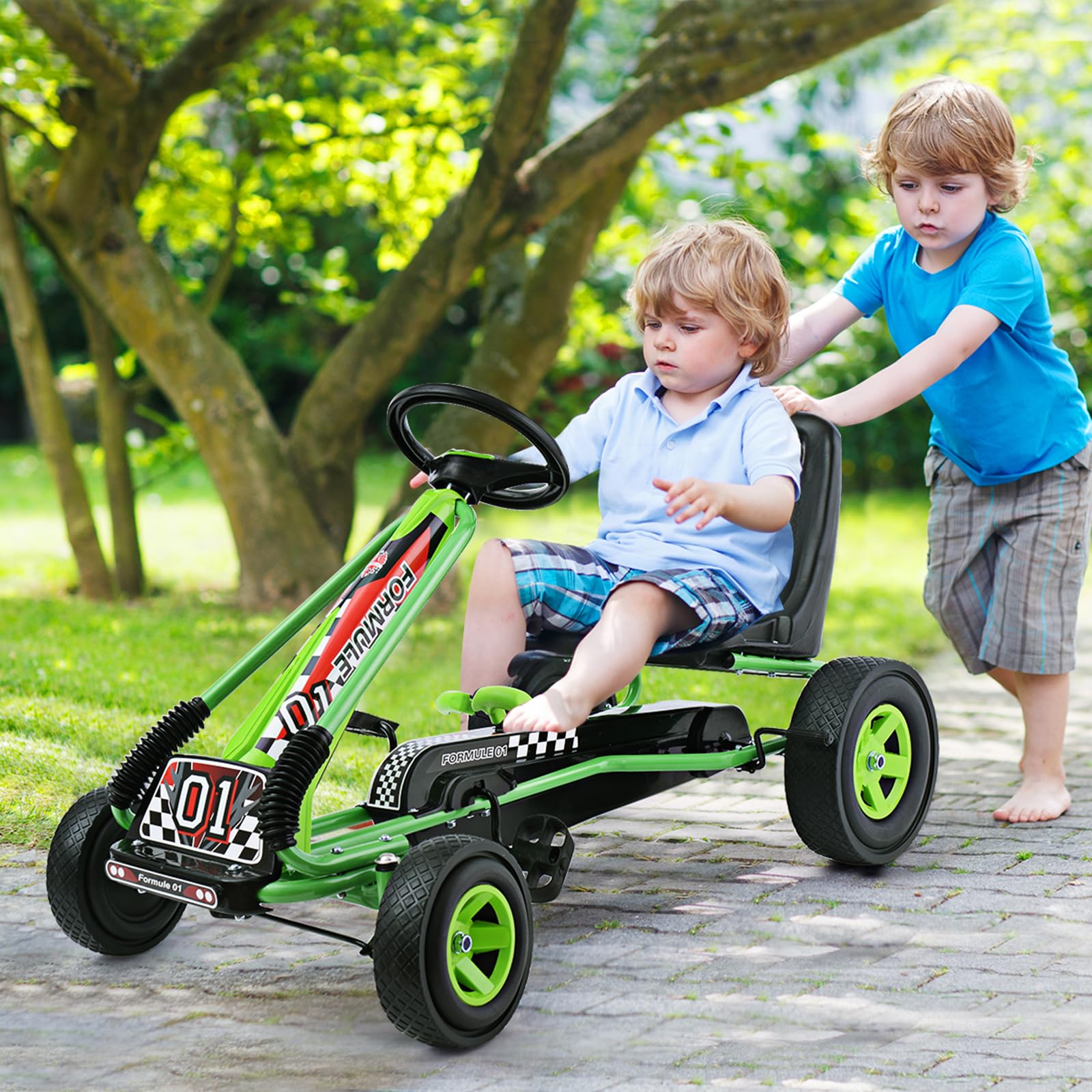 COSTWAY Go Kart Racing para Niños Coche de Pedal Asiento Ajustable con Ruedas de Goma Embrague y Freno Infantil Juguete (Verde)