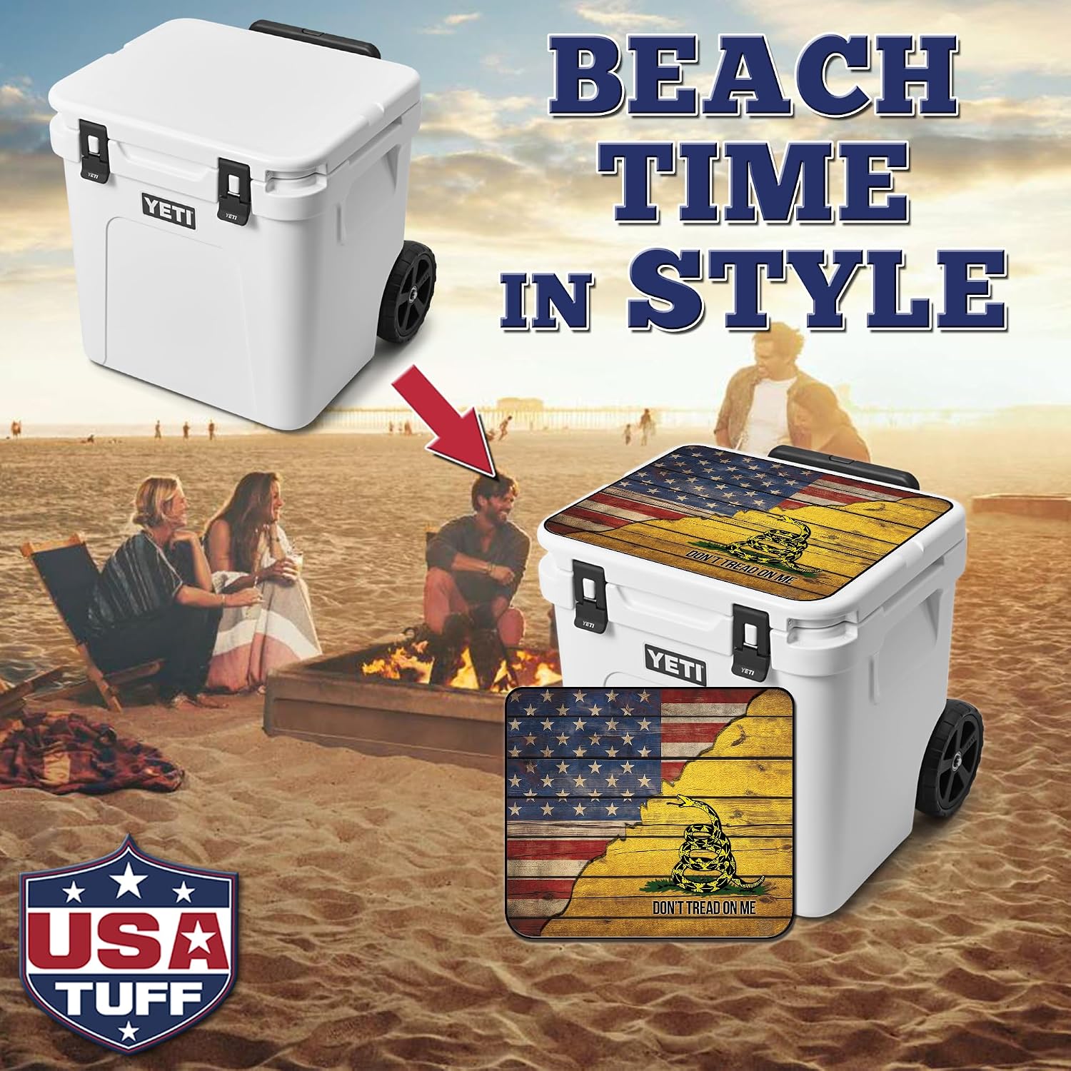 USATuff Vinyl Cooler Lid Kit Compatible with YETI | Easy Peel & Stick Application Cooler Skin Decal Wrap | Made for Outdoor Use - Gadsden Don't Tread Split