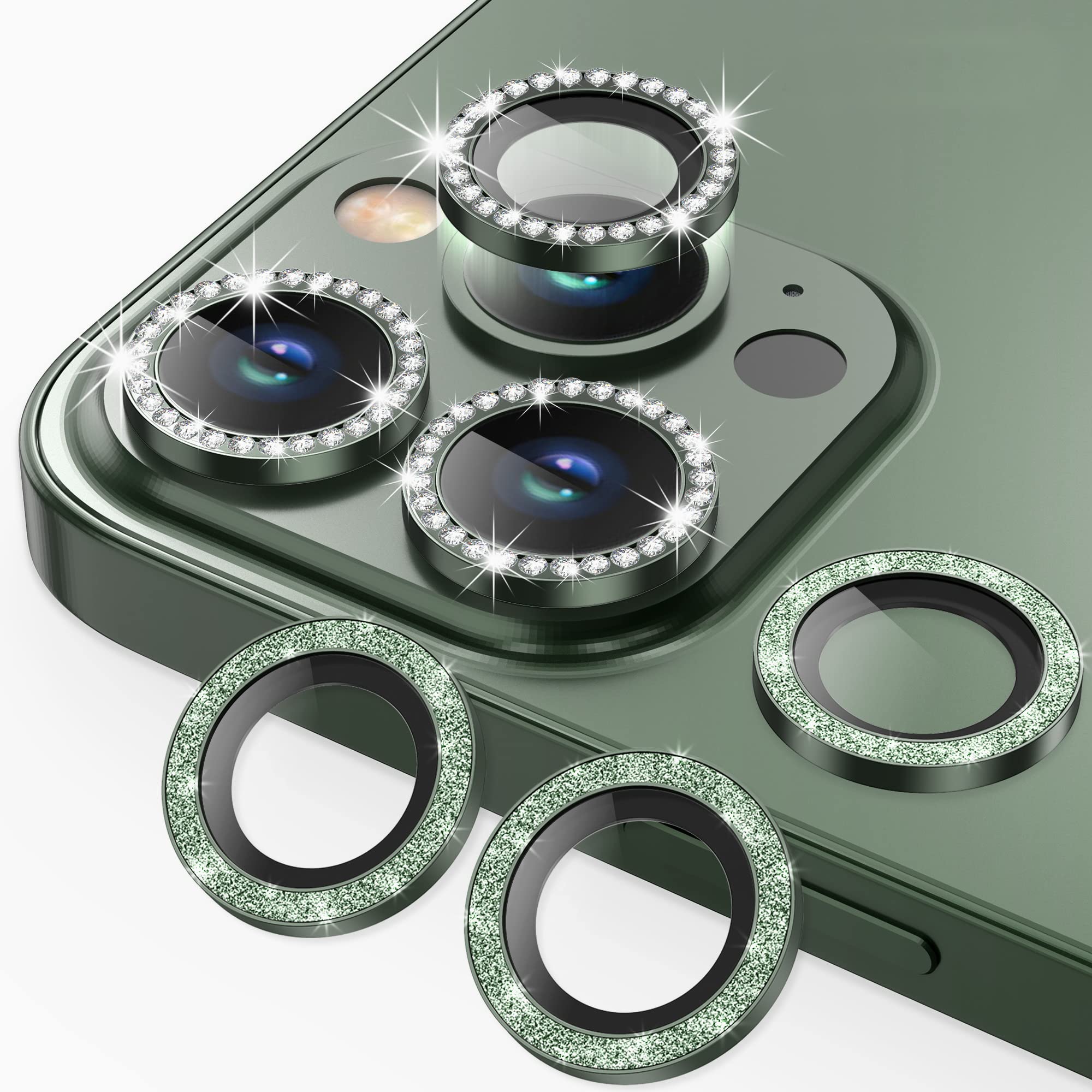 AGVEE 3+3 6 Pack for iPhone 13 Pro 6.1" / 13 Pro Max 6.7" Camera Lens Protector, Bling Diamond & Bling Glitter Metal Ring 9H Tempered HD Glass Camera Protector Cover Film, Green