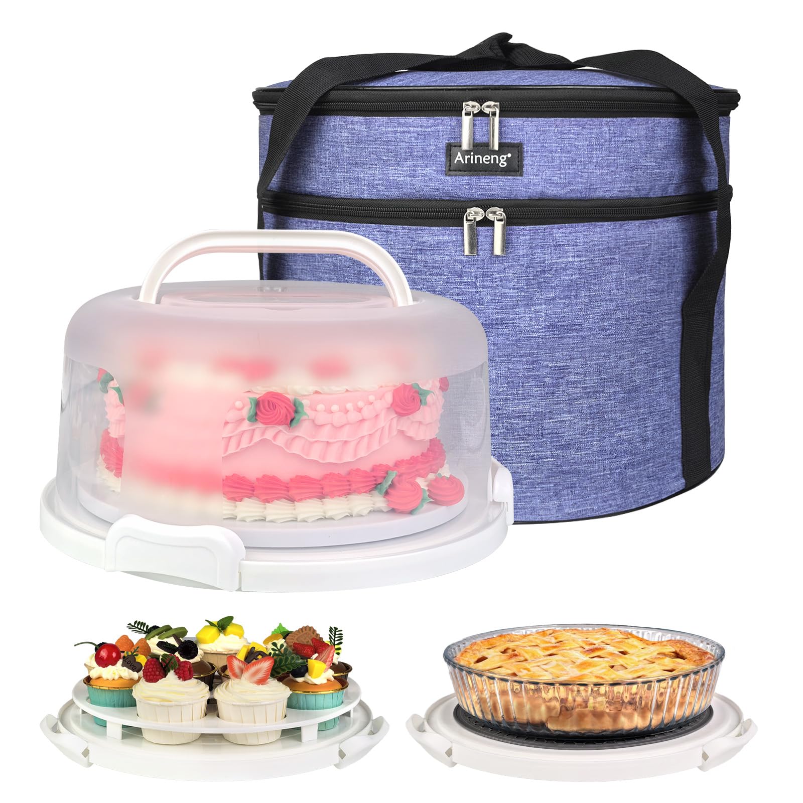 Arineng Round Cake Carrier Box with Lid and Handle, Transportation Insulated Bag for Cakes, Cupcakes and Pies, Triple Locking Design for Safe Transportation (Purple, 10 * 10 * 5.5 Inch)