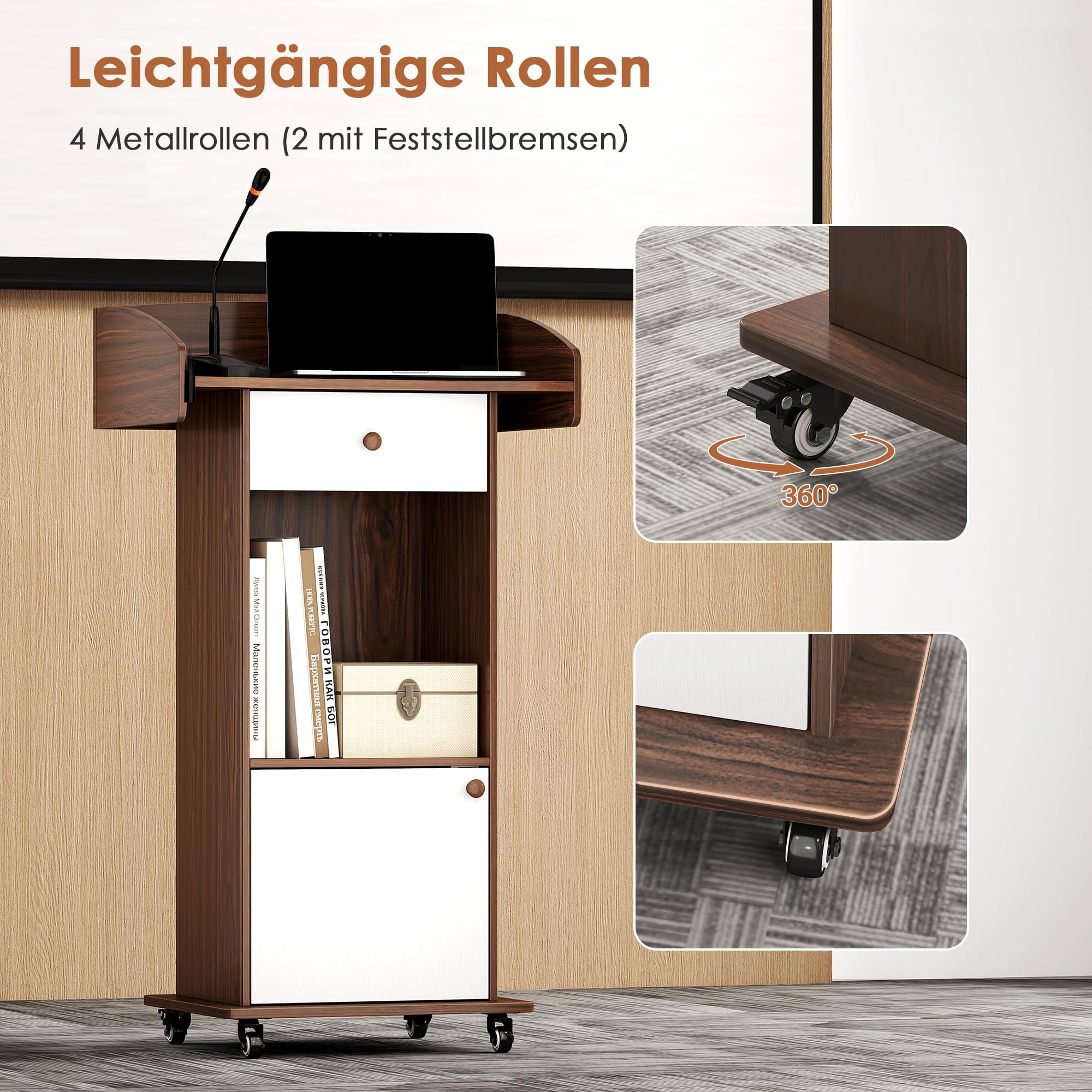 Holzpult mit Rollen für Mobilität | Offene Zwischenetage, Schrank mit Tür, Rollen für Mobilität, Für Kirchen und Schulen, Stehpult