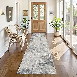 2X8 Washable Runner Rug for Hallway: Soft Neutral Modern Abstract Area Rug - Non-Slip Low Pile Long Throw Indoor Carpet for Kitchen Entryway Kitchen Bedroom Laundry - Blue Grey