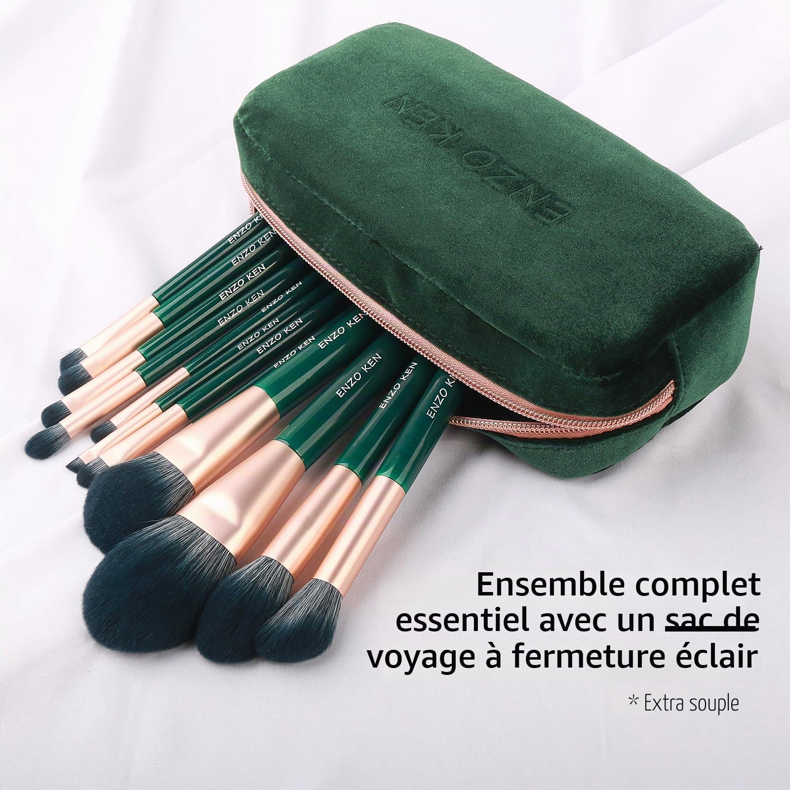 ENZO KEN Ensemble de Pinceaux de Maquillage Naturels en Fibre Naturelle Et en Poils de Chèvre Professional avec Sac, Set de Pinceaux de Maquillage Vert Émeraude pour Cheveux Combinés.
