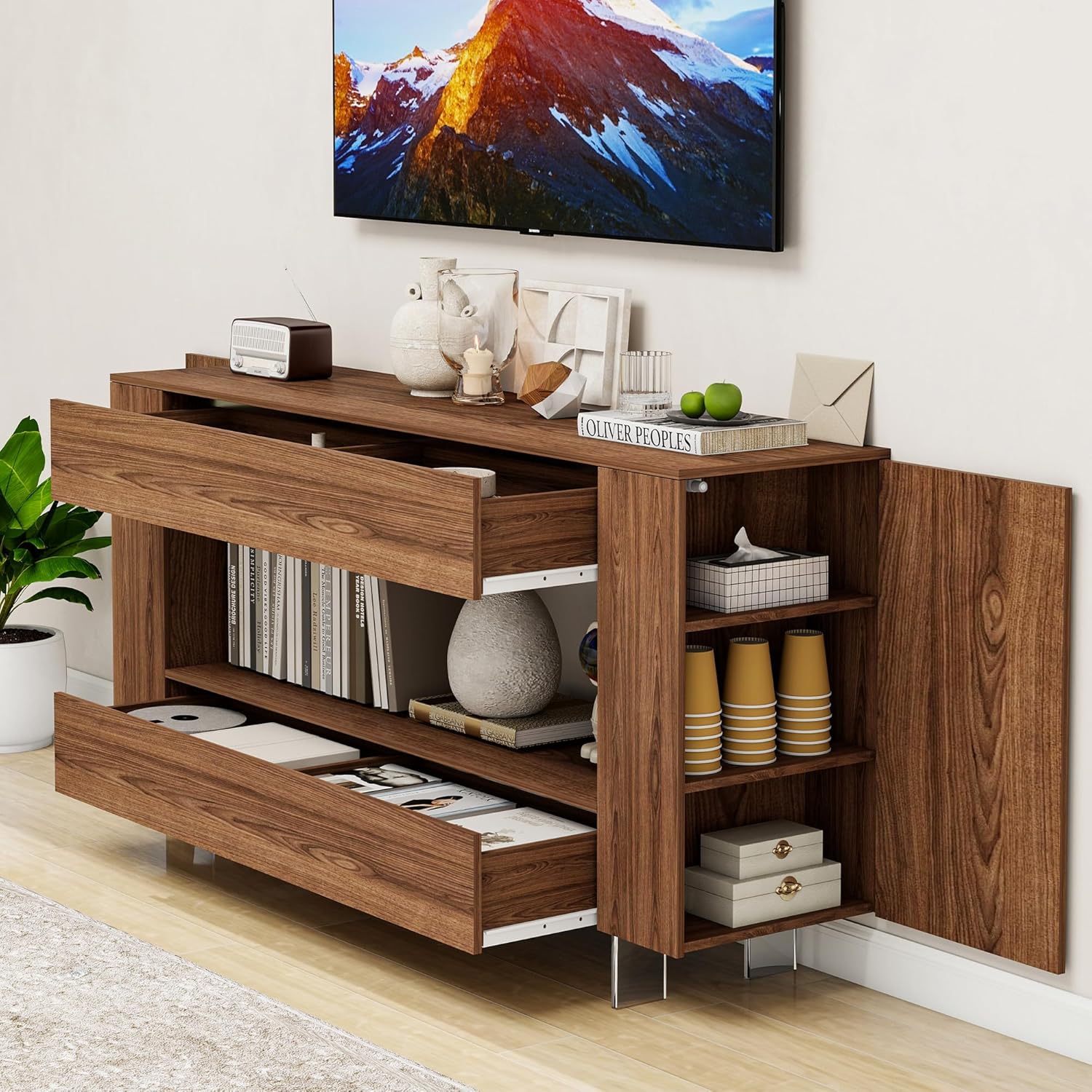 TV Stand for 65 Inch with 2 Large Drawers & Hidden Storage Cabinets, Modern Farmhouse Entertainment Center Television Stands for Living Room, Brown Wood Grain