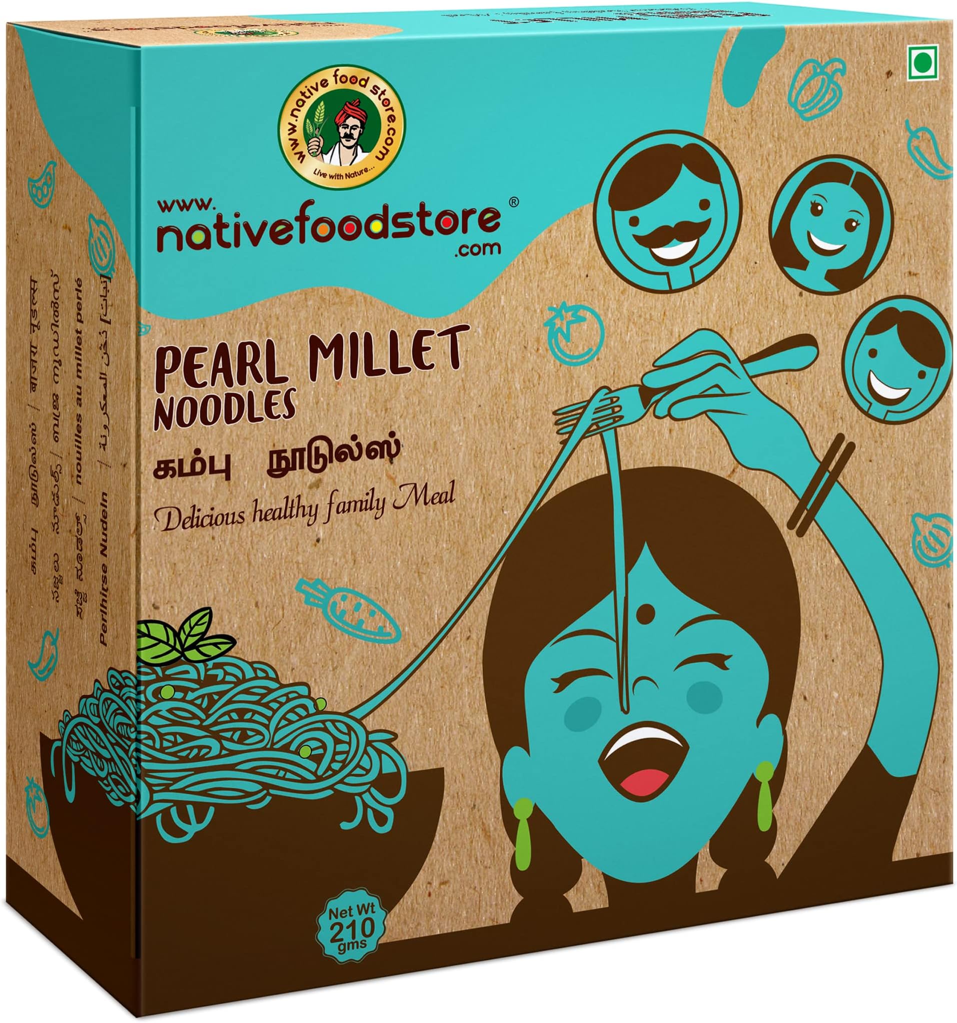 Native Food Store Pearl Millet Noodles - Pack of 2 (210g Each) Kambu Noodles from Unpolished Millet, High in Protein and Fiber, Easy To Make Healthy Noodles with Masala Tastemaker