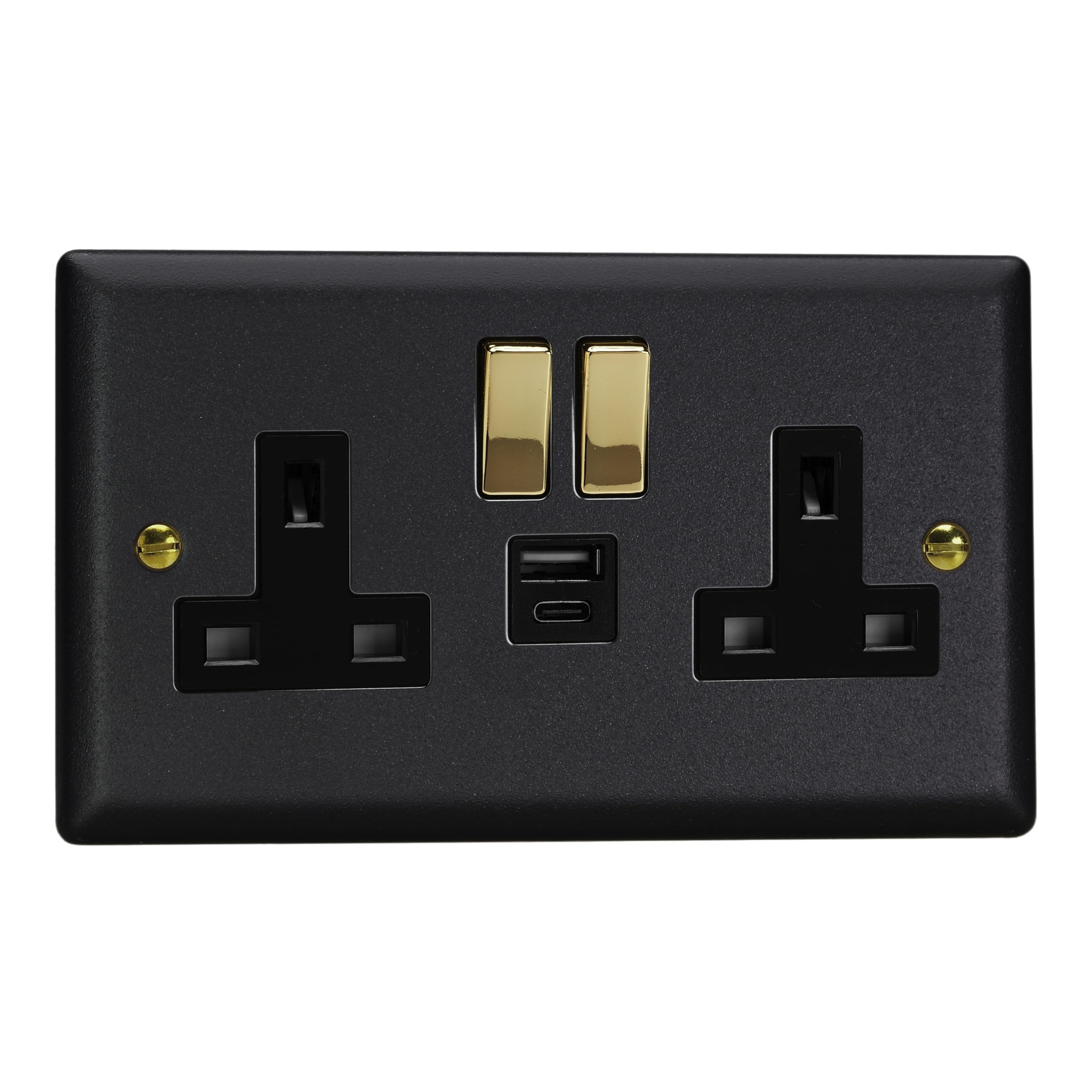 Varilight Double Switched Plug Socket With USB A+C Charging - Vogue Matt Black With Polished Brass/Black Insert, XY5UACVB.MB