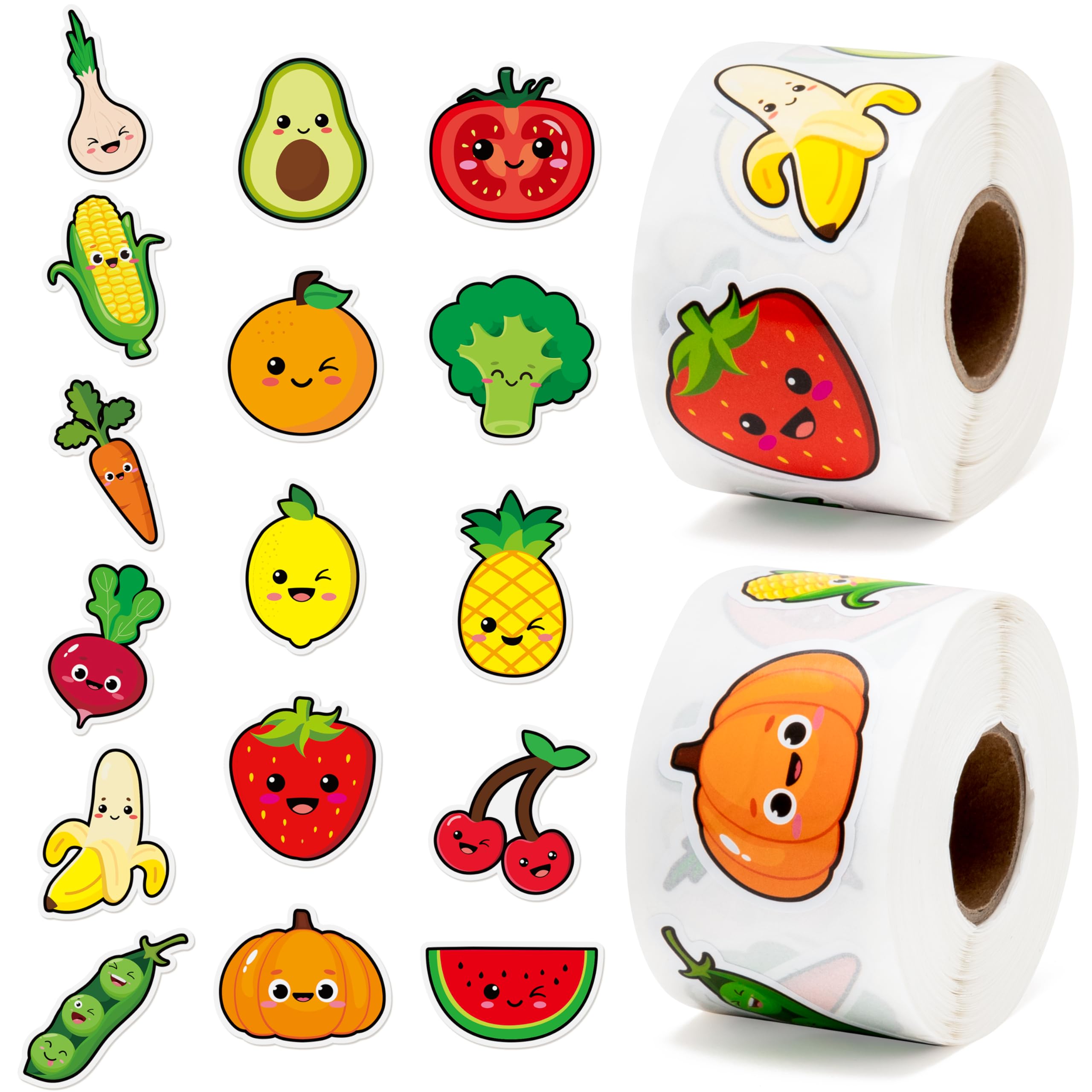 Andi Cppss Happy Fruit Vegetables Stickers - 1000PCS Colorful Fruit Vegetables Smile Face Self-Adhesive Stickers for Kids Lovely Strawberry Banana Watermelon Orange Pumpkins Classroom Reward Stickers