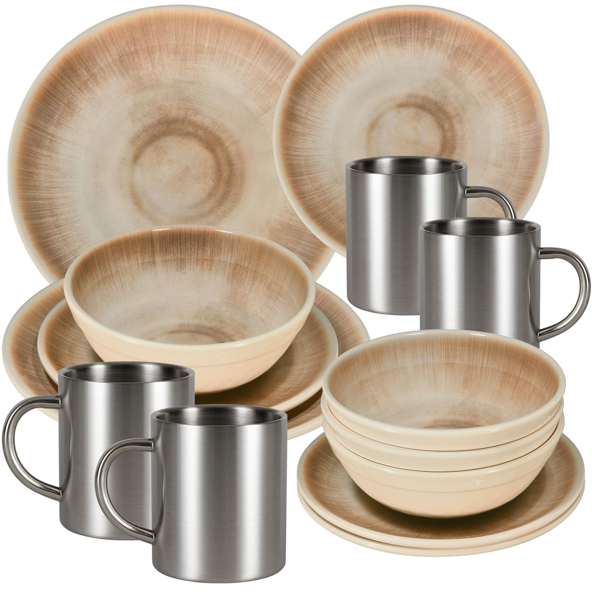 Melamin Geschirr Set Jesolo Sand mit Edelstahl Thermo Tassen Camping Garten