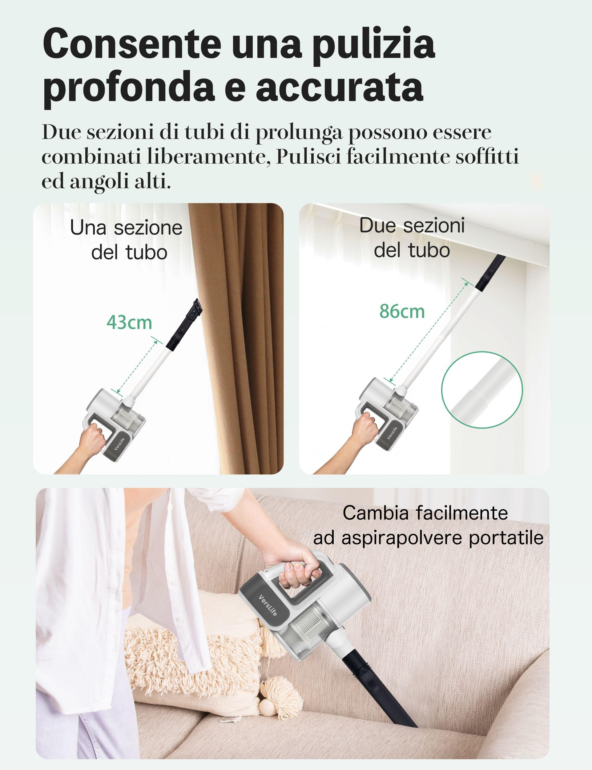 VersLife S6 Aspirapolvere Senza Fili, 30KPa Scopa Elettrica Senza Fili, Batteria Ricaricabile, 3 in 1 Aspirapolvere Portatile, 35 Minuti di Autonomia, per la Pulizia di Tutti i Tippi di Pavimenti