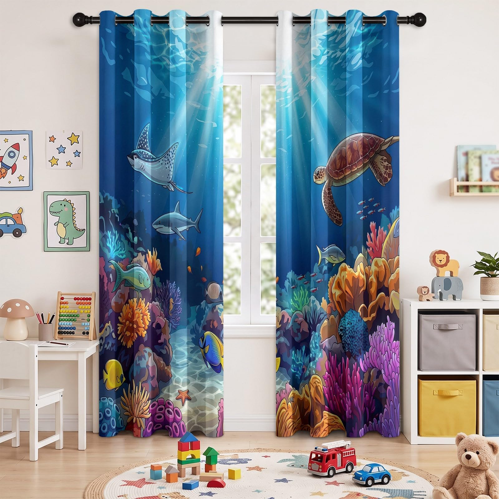 Tende oscuranti con animali marini, barriera corallina, tartaruga marina, per ragazzi e ragazze, tende oscuranti con occhielli, per cameretta dei bambini, camera da letto, 175 x 140 cm (altezza x
