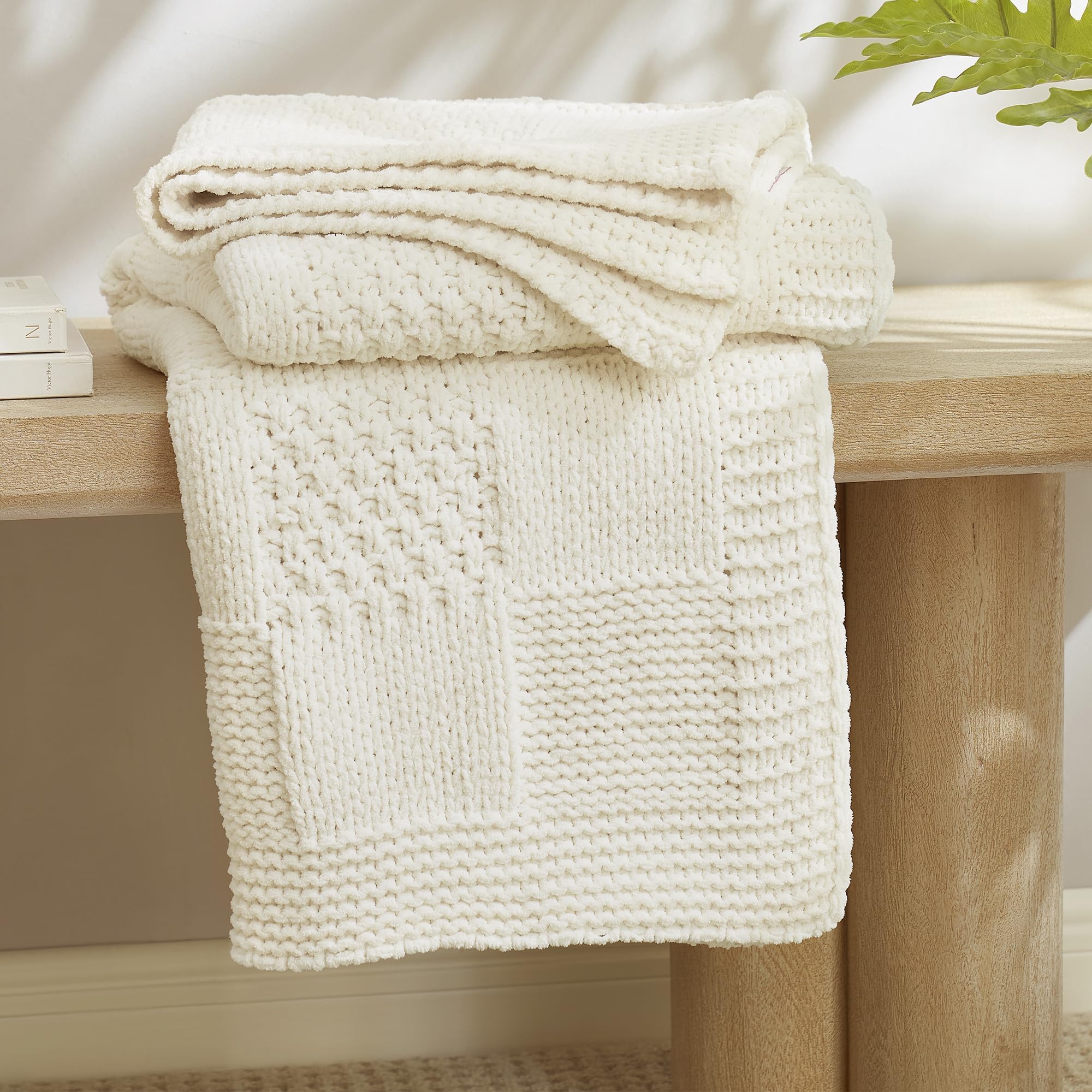 Knit Throw Blanket, Soft Chenille Cozy Breathable Checkered Chunky Decorative Blanket for Couch, Bed & Sofa, French-Inspired Lightweight Warm Gift for Women, Ivory, 50"x60"