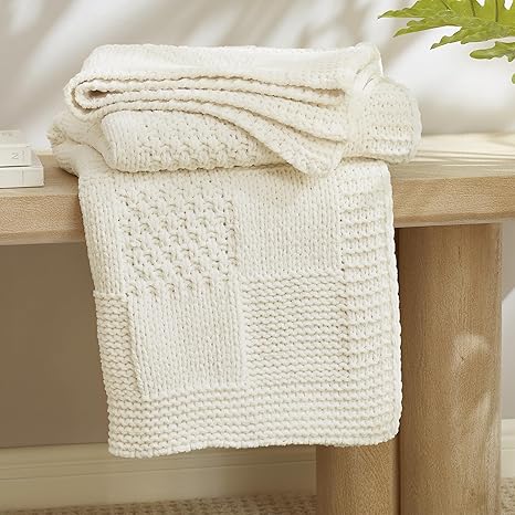 Amélie Home Checkered Chenille Knit Throw Blanket for Couch, Classic Texture Decorative Soft Blanket for Sofa, Chair & Bedroom, 60"x80", Ivory