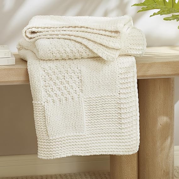 Amélie Home Checkered Chenille Knit Throw Blanket for Couch, Classic Texture Decorative Soft Blanket for Sofa, Chair & Bedroom, 60"x80", Ivory
