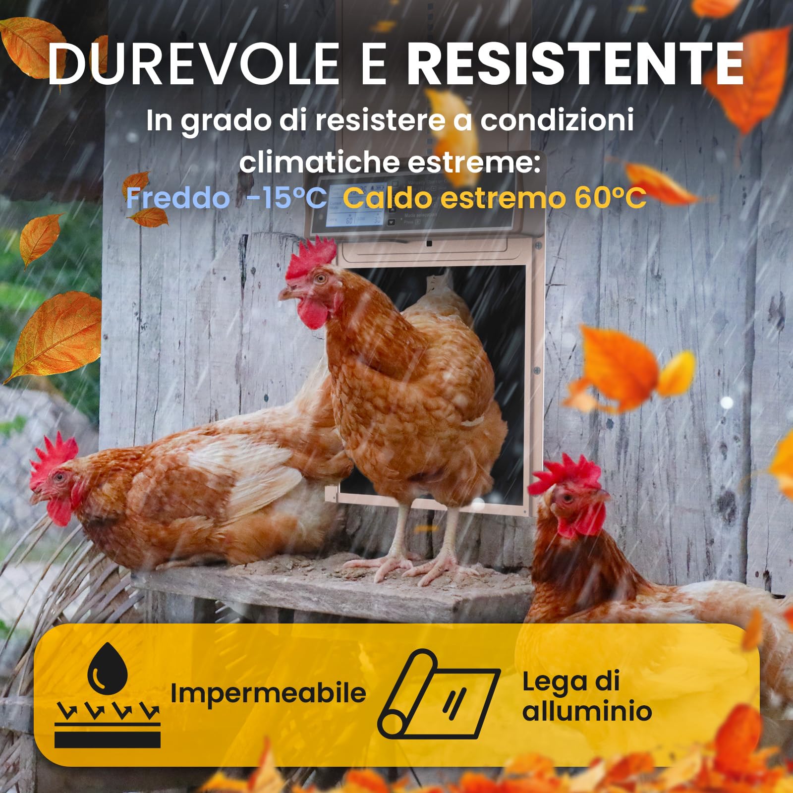 Chicken Coop Door Porta Automatica Pollaio Solare, Display LCD | Sensore di Luce e Timer, Funzione Antipizzicamento, Batteria da 2000 mAh, Intelligente e Sicura - Oro Rosa
