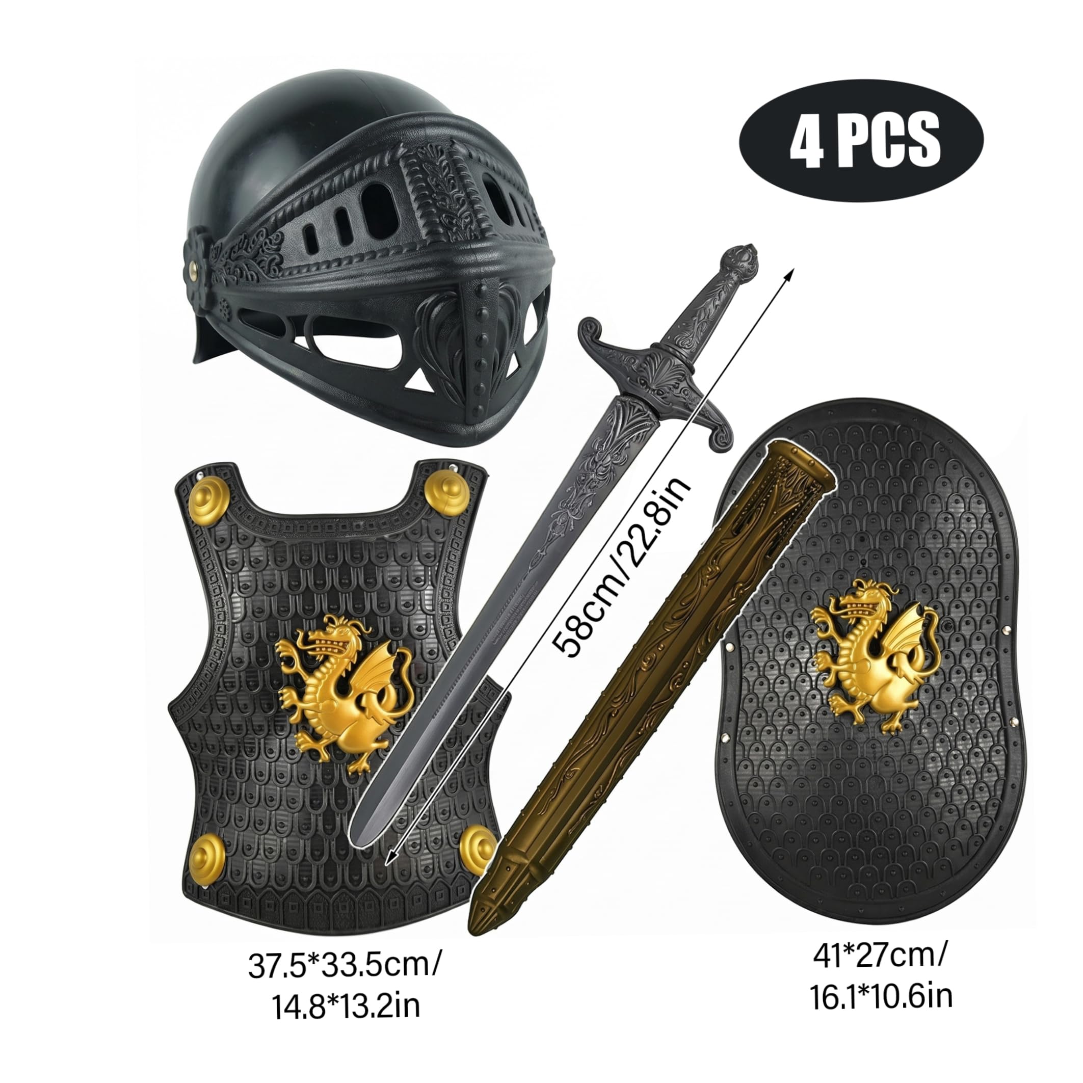 Costume da cavaliere per ragazzi, set di armature per bambini a tema drago, con casco, scudo e spada, nero