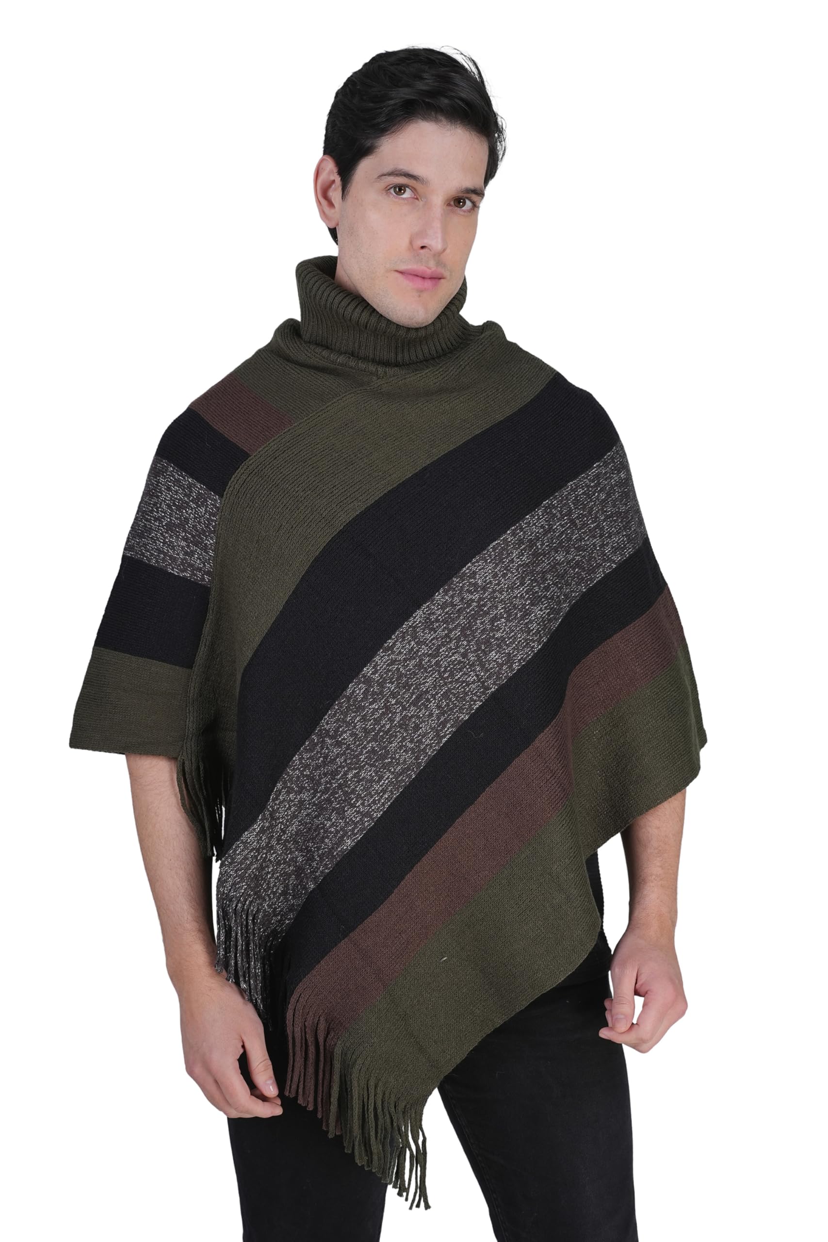 Men's Knitted High Neck Poncho Multi-Striped Patterns, Fringed Sides, for Winter Stylish and Comfortable, Perfect for Casual Wear-picture-55