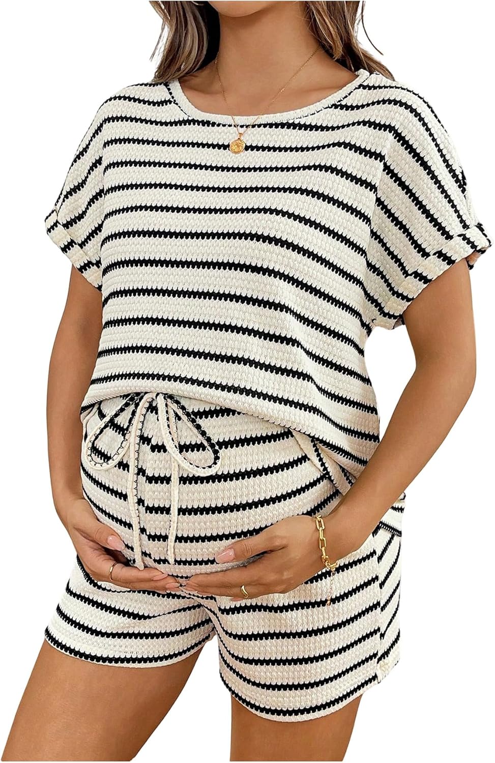 SHENHE Women's Maternity 2 Piece Outfits Striped Short Sleeve Top and Shorts Set Pregnancy Clothes