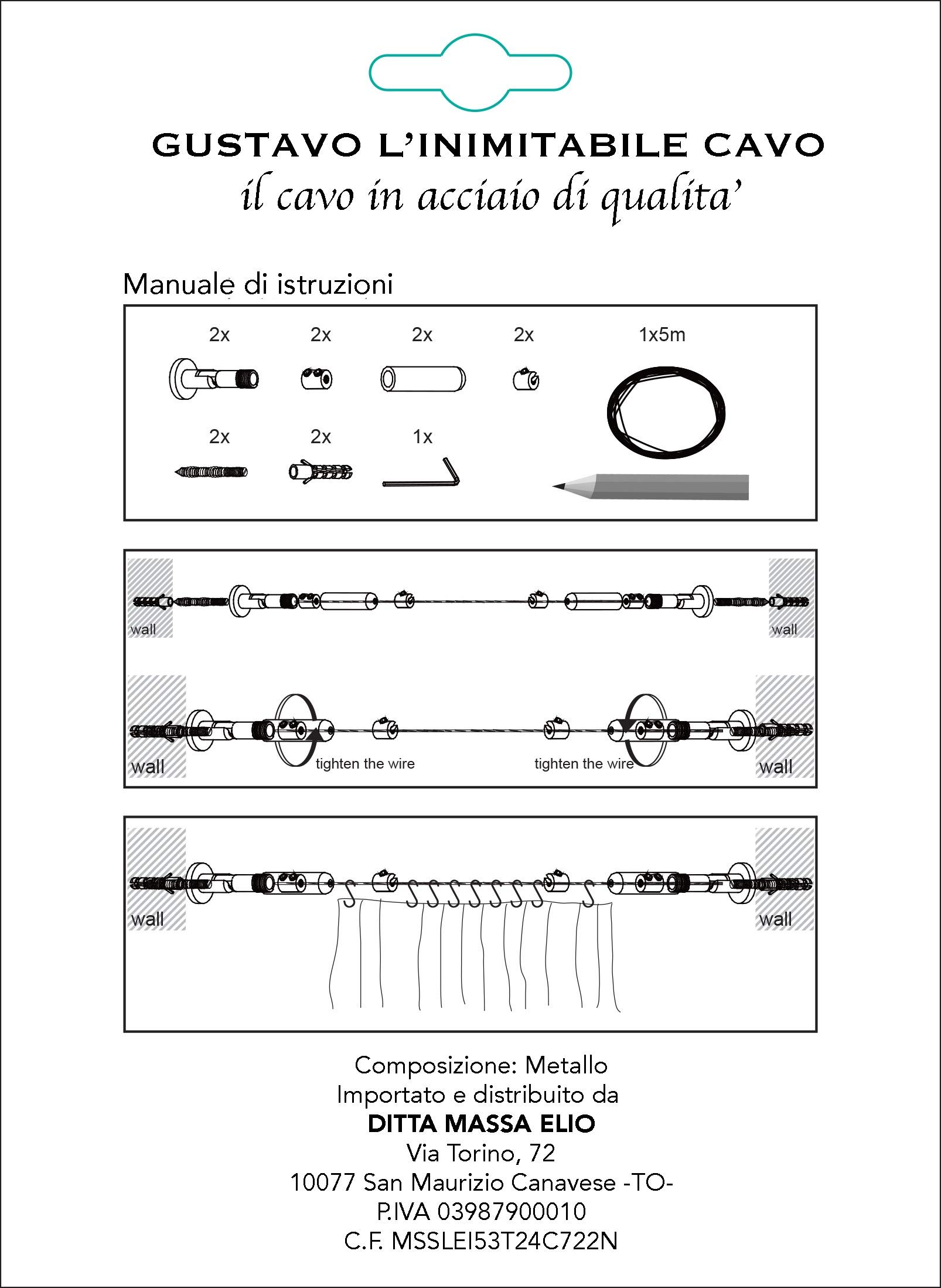 Tex family Cavo di Acciaio Gustavo per Tenda 5 MT Regolabile Acciaio REGGITENDA con Accessori
