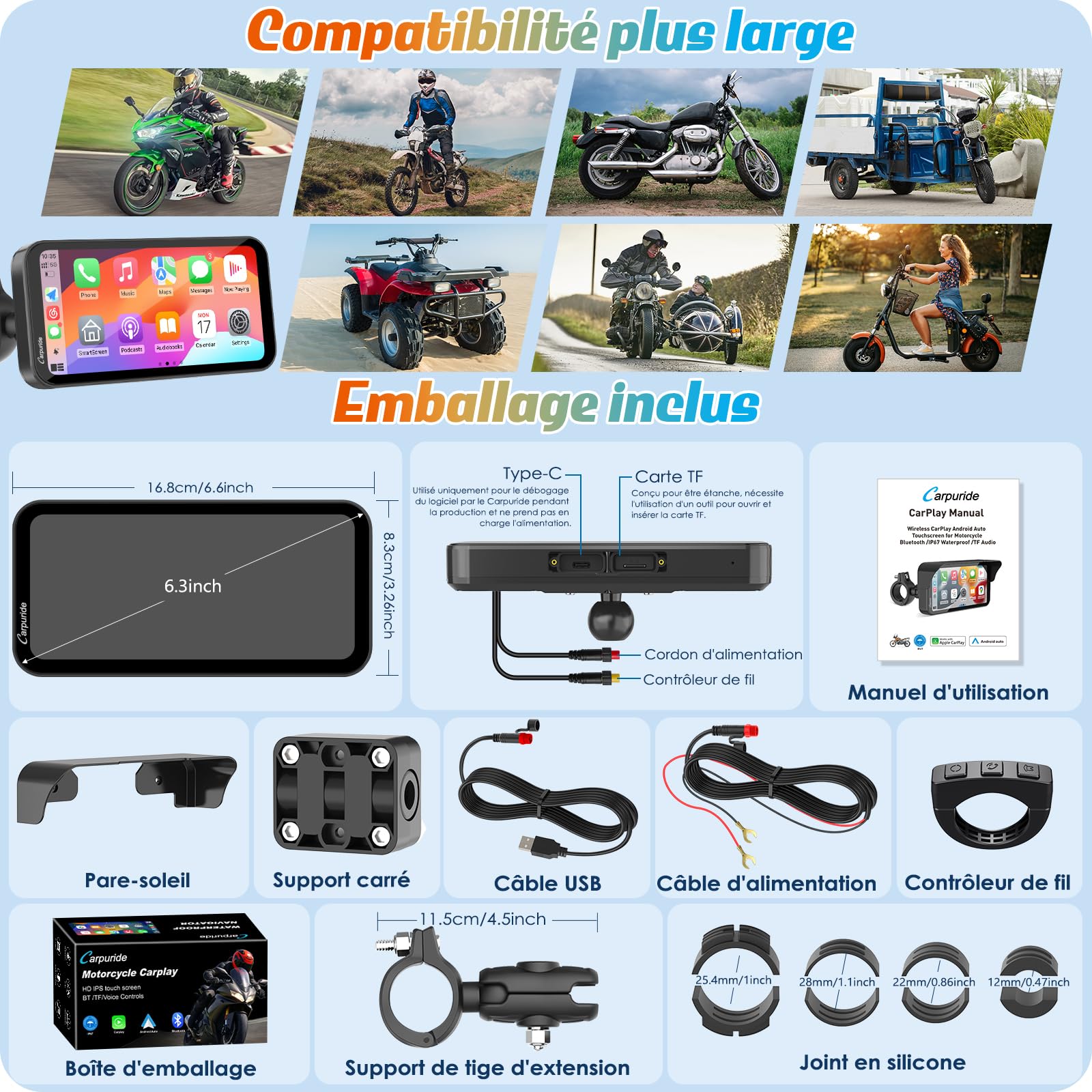 Carpuride W603 Écran Carplay pour Moto, CarPlay sans Fil et Android Auto pour Moto, Télécommande, Écran Tactile Étanche de 6,3 Pouces, Audio BT, Navigation GPS, Siri, Assistant G00gle