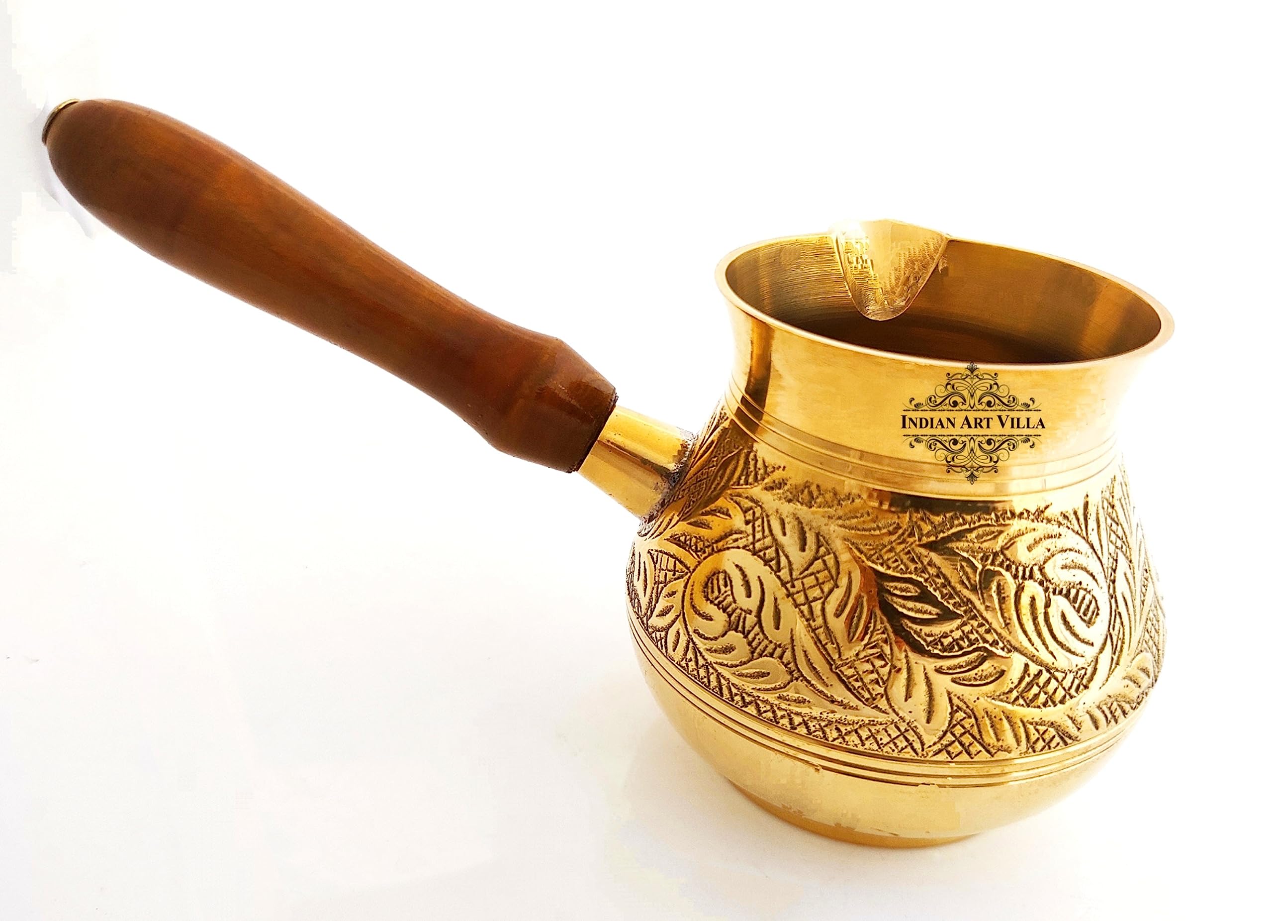 Indian Art Villa Arabic, Turkish Coffee Maker with Wooden Handle, Brass Turkish Kettle, Coffee tea Mug Pourer, Matka Pot Design, Volume - 12 Oz