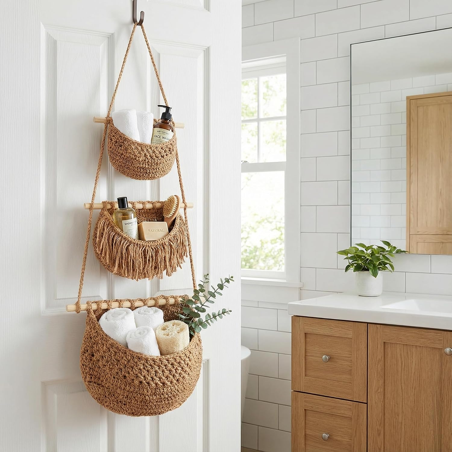 3 Tier Hanging Fruit Basket, Jute Wall Baskets, Hanging Produce Baskets for Storage Fruits and Vegetables, Hanging Basket Wall for Kitchen, Bedroom, Bathroom (Brown)