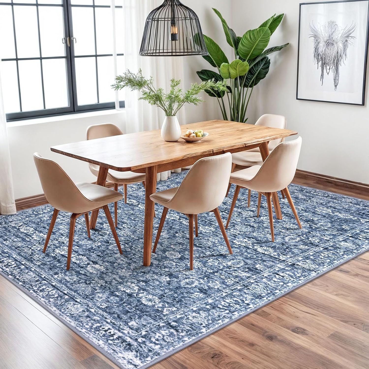 6x9 area rug for living room, blue washable area rugs for bedroom, soft vintage floral rug with non-slip, non-shedding traditional farmhouse carpet for nursery, dining room, office, playroom blue/white 6' x 9' (rectangular)