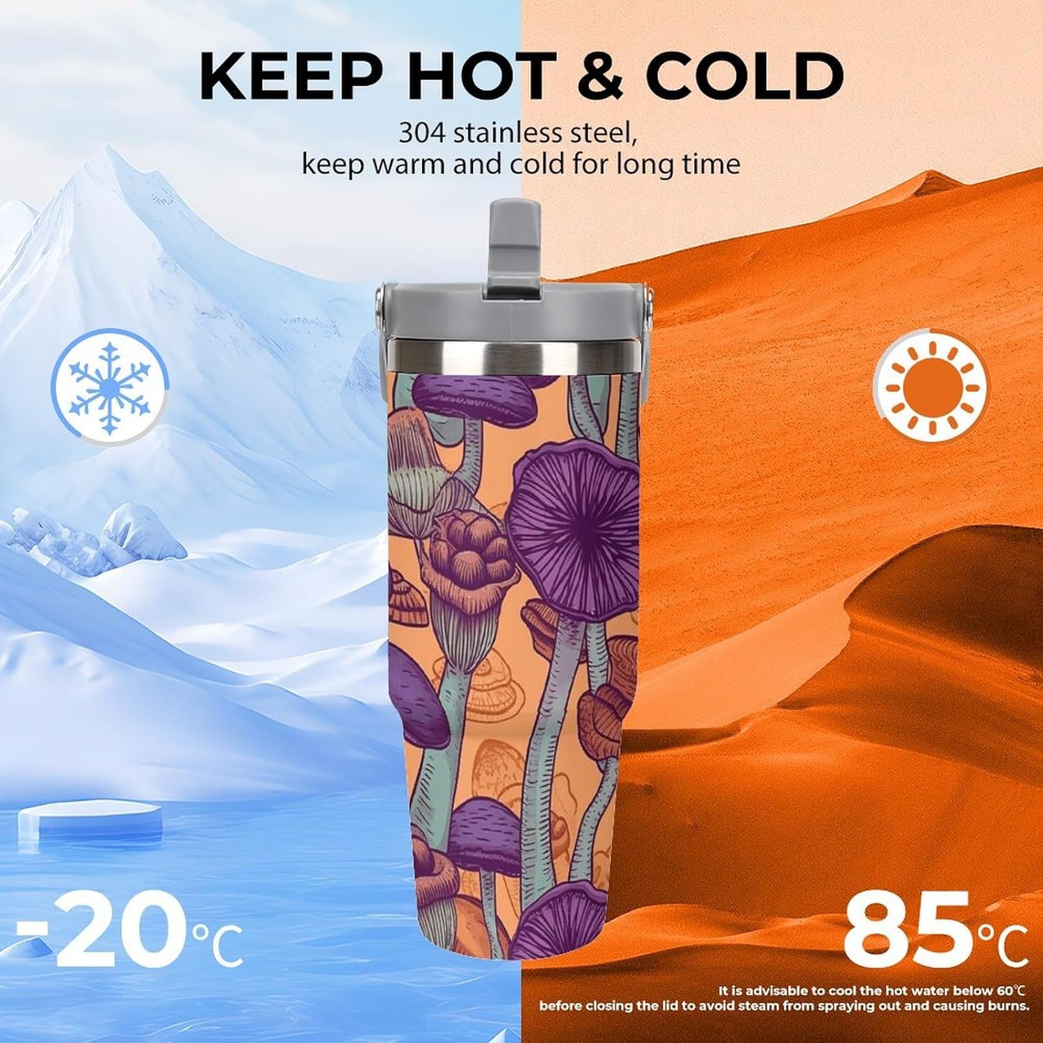 30oz Insulated Tumblers with Top Handle, Stainless Steel Hippie Art Mushrooms Car Cup with Straw for Gift, Leak-Proof Double Wall Vacuum Travel Mug, Personalized Water Bottles White