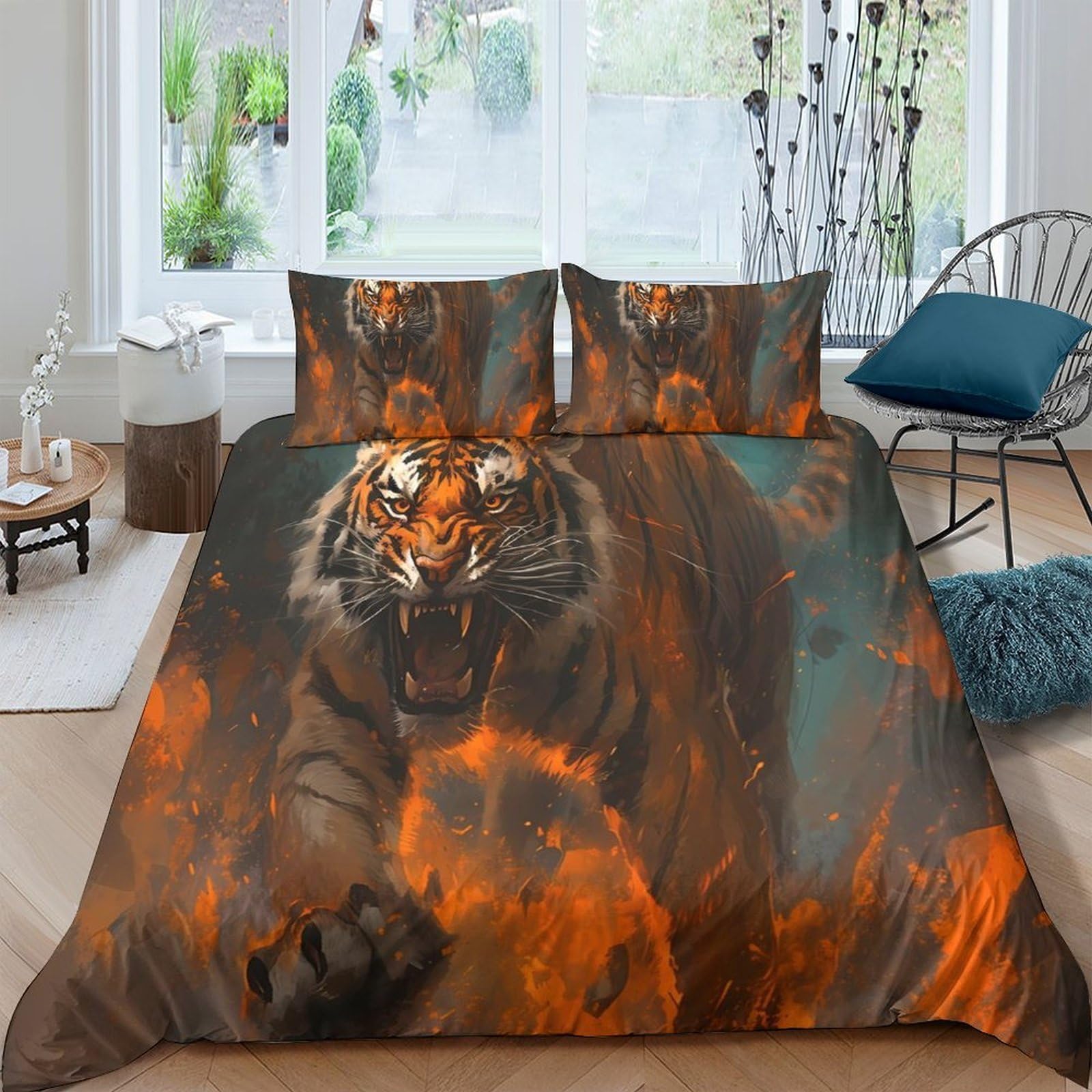 Ctjqhvkz Style-5 3D Printed Fiery Tiger Fitted Sheet Microfiber Soft Breathable Wild Forest Bed Cover For Bedroom Dorm Mattress Protection Decor Single（135X200cm）