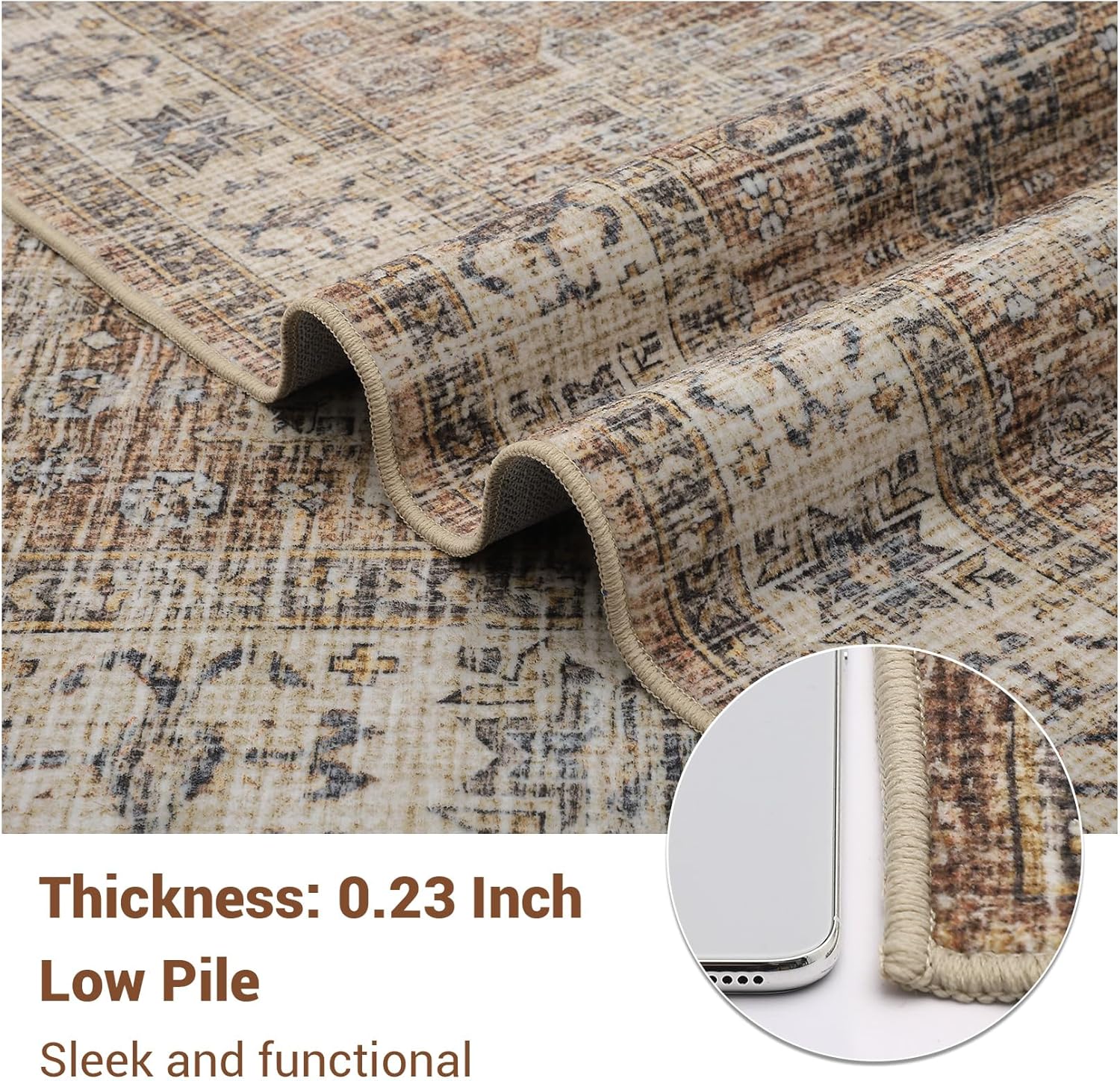 5x7 Washable Area Rugs, Soft Vintage Large Area Rugs for Living Room, Boho Farmhouse Low Pile Non-Slip Indoor Throw Carpet Rugs for Bedroom Dining Room (Orange, 5'x7')