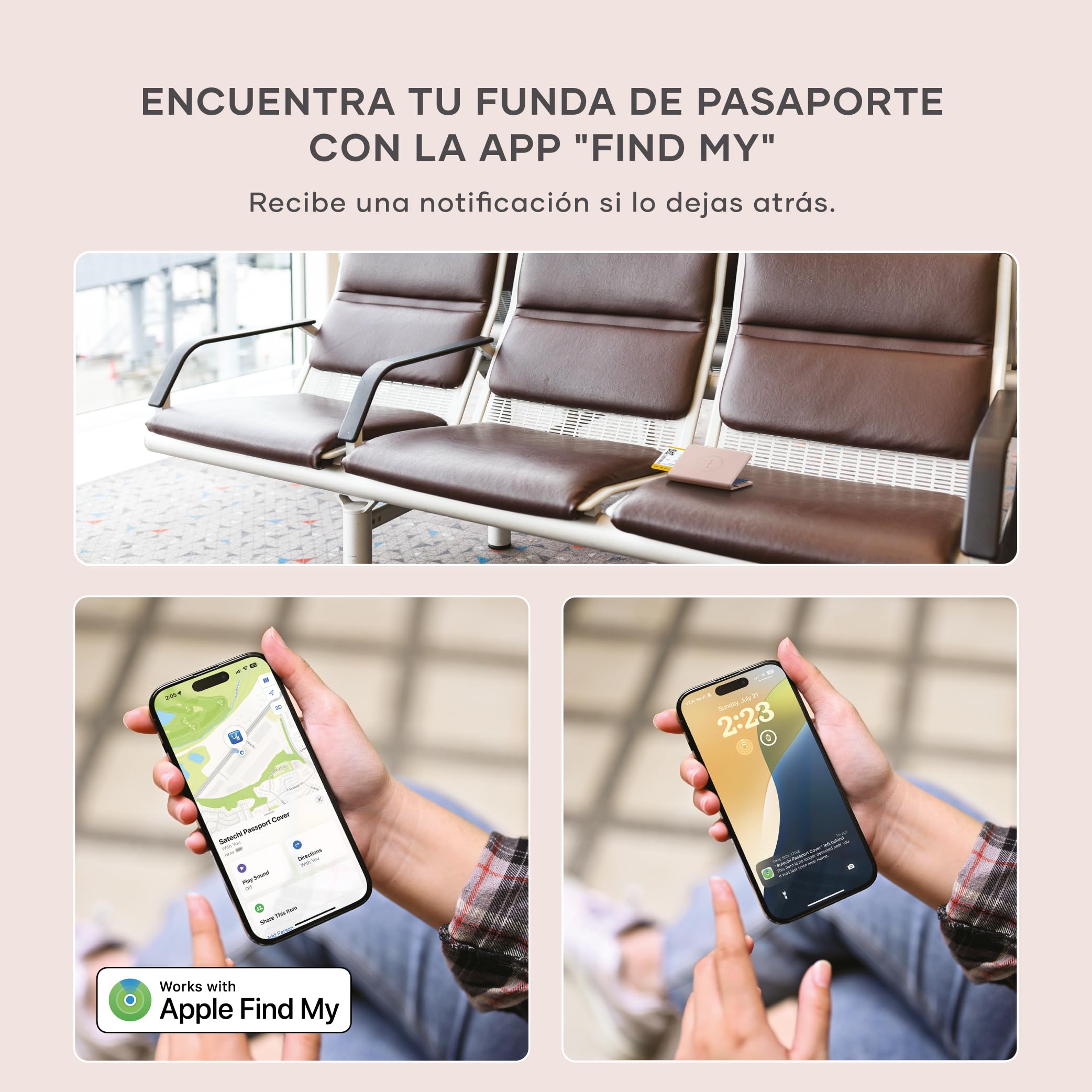 SATECHI FindAll Funda Pasaporte para Viaje con Find My con 4 Slots para Tarjetas, Carga Inalámbrica y Protección RFID, Compatible con App iOS Buscar, Material Premium (PU) - Rose