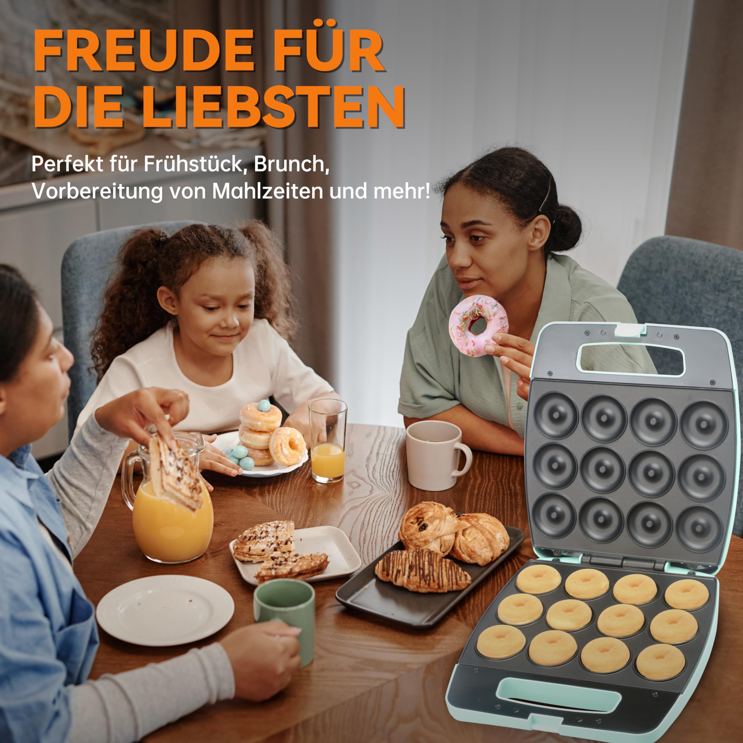 Baker's Friend Mini Donut Maker, Donutmaker, Donuts Backform, backt 12 Mini-Donuts, perfekt für Frühstück, Snacks, Desserts & mehr, Aqua