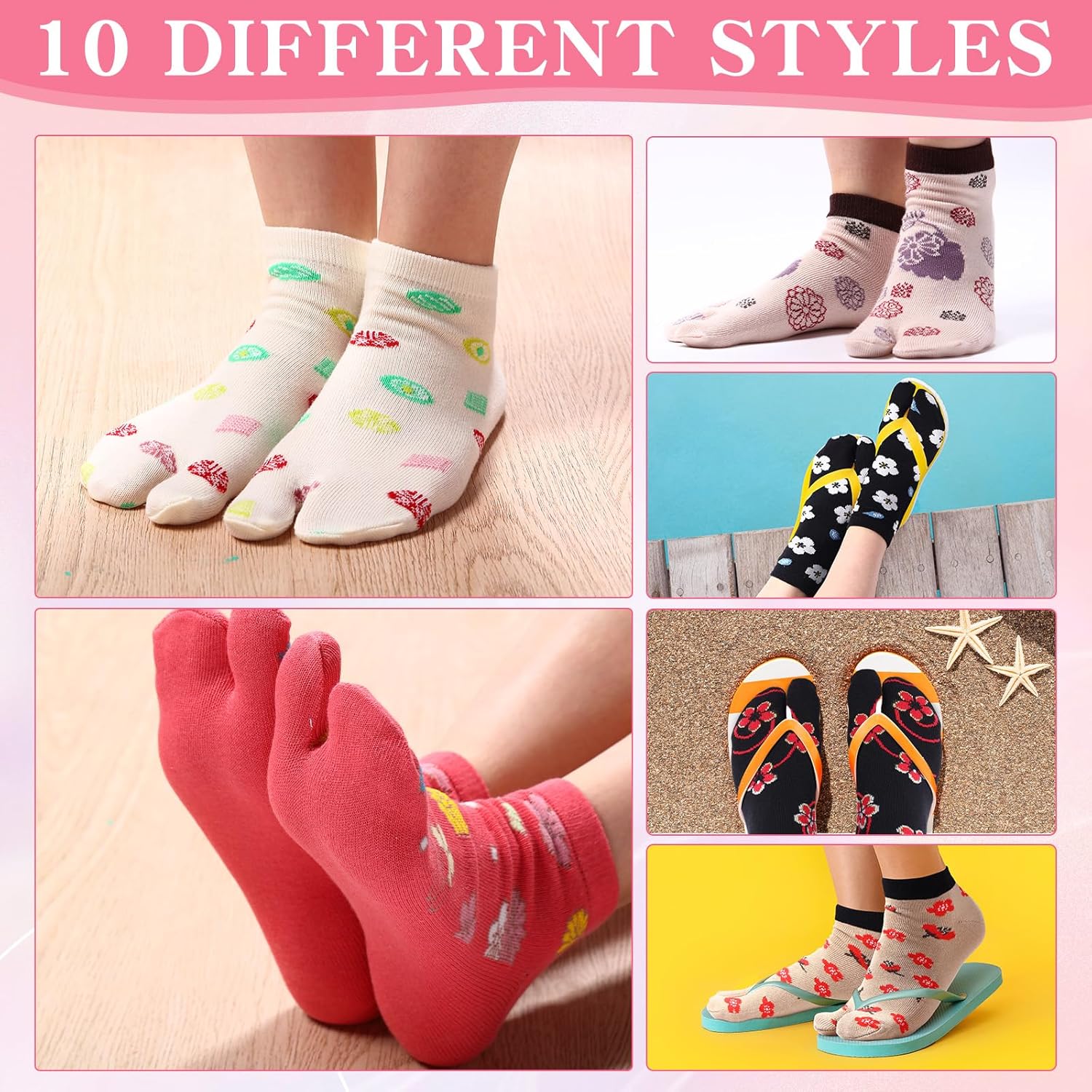 JaGely 10 Pairs Women's Tabi Flip Flop Socks Athletic Cotton Two Toe Split Toe Sandal Socks for Women Casual Sandals, 10 Styles - Image 2