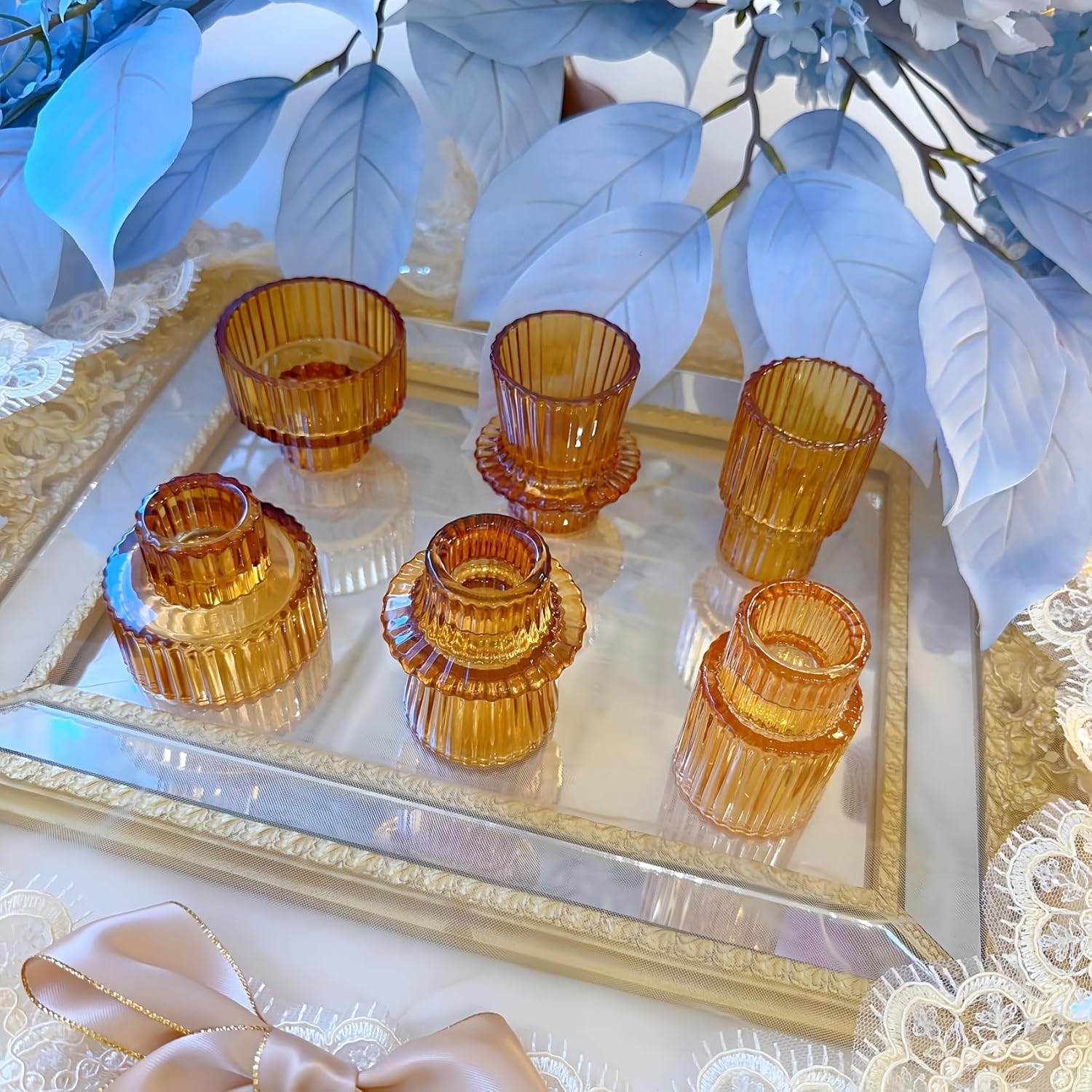 Double Sided Vintage Ribbed Taper Glass Candle Holders,Tea Candle Holder for Table Centerpieces, Wedding Decorations and Dinner Parties (Amber, 6 PCS) - Image 9