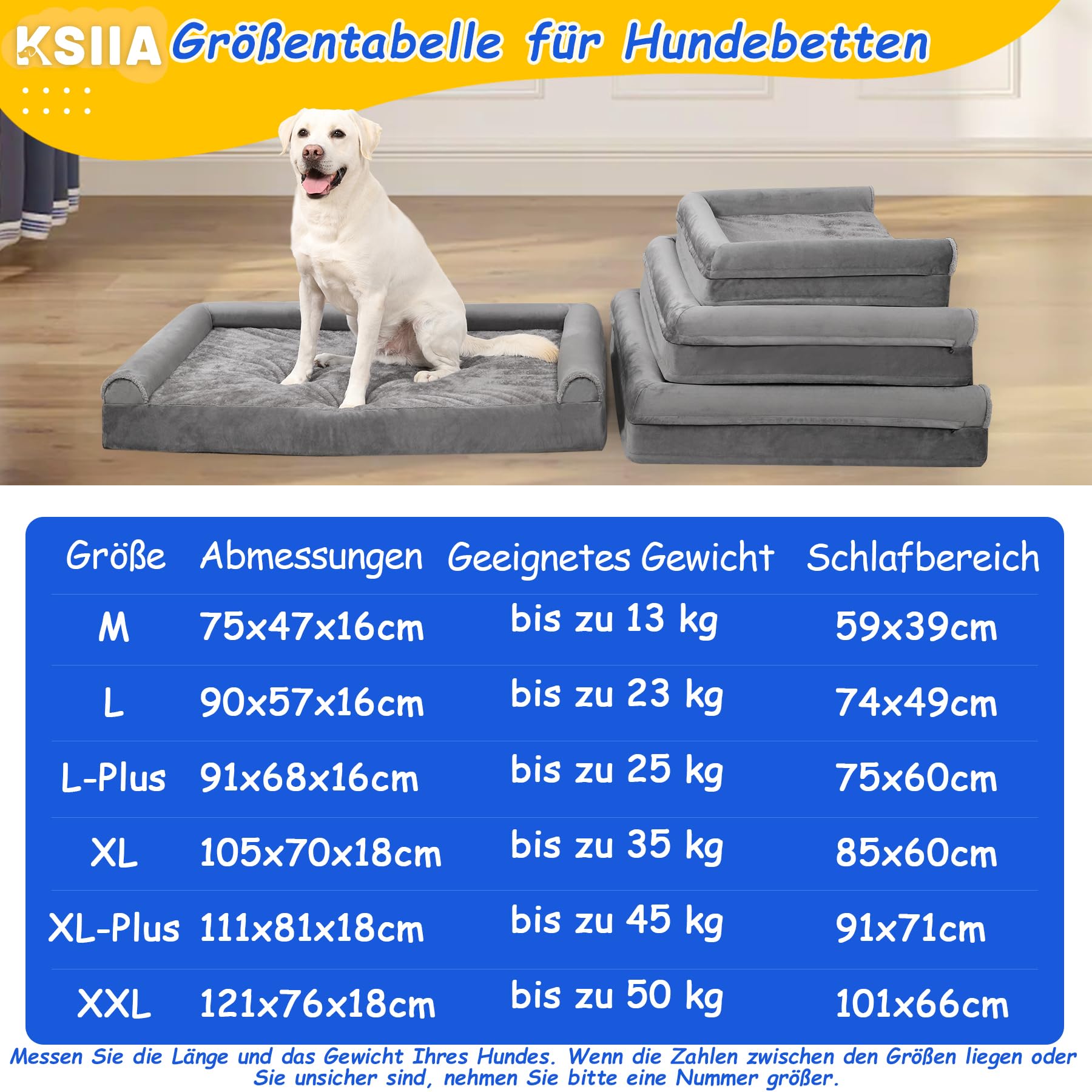 KSIIA Orthopädisches Hundebett Grosse Hunde XL Hundekorb, Grau 105x70x18cm