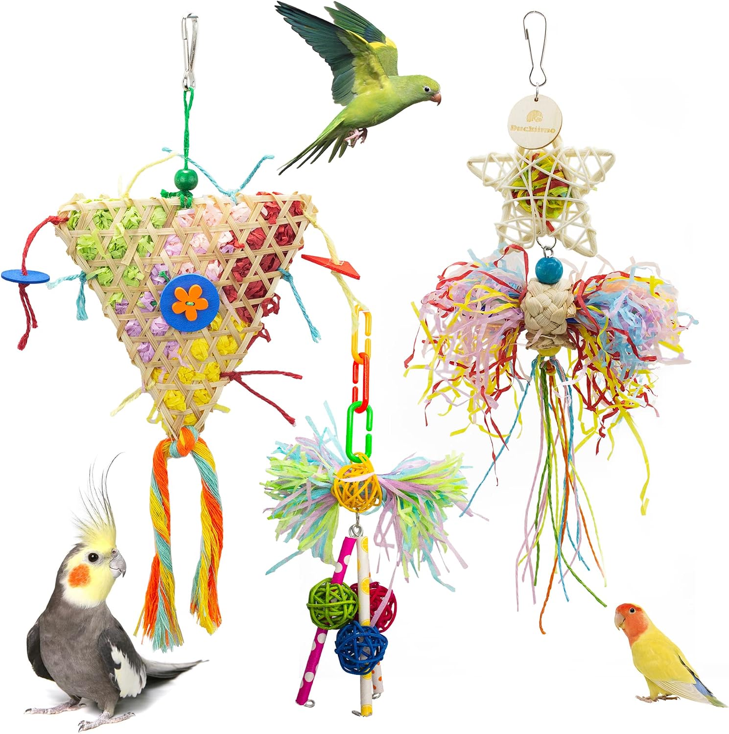 Duckiimo Bird Parrot Shredding Toys, Parakeet Chewing Foraging Toys, Bamboo Rattan Loofah Parrot Cage Hanging Shredder Toys for…