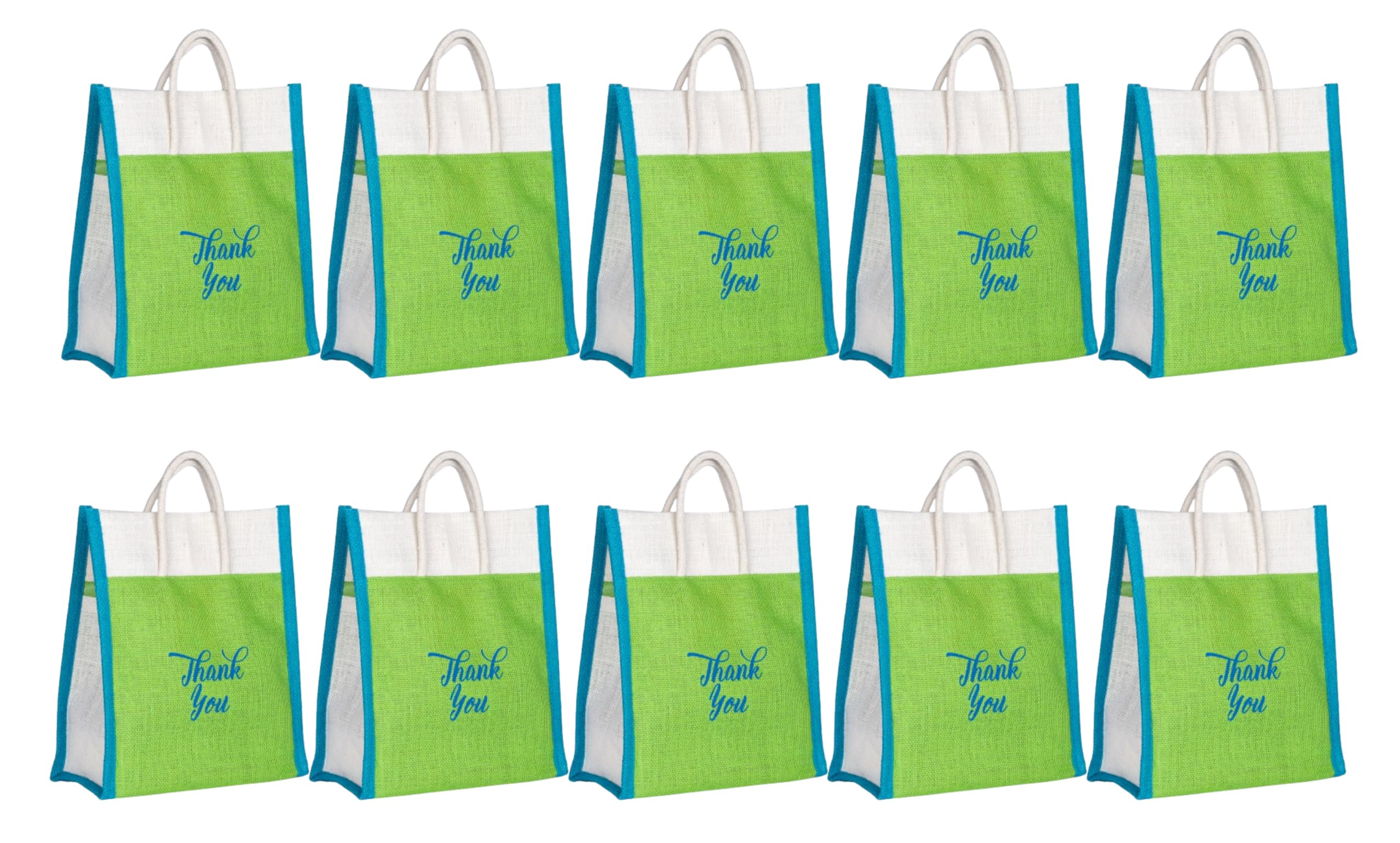 Soman Jute Ecofriendly Return Gift Bags Thank you Printed Green Blue combo Pack of 10 Bags