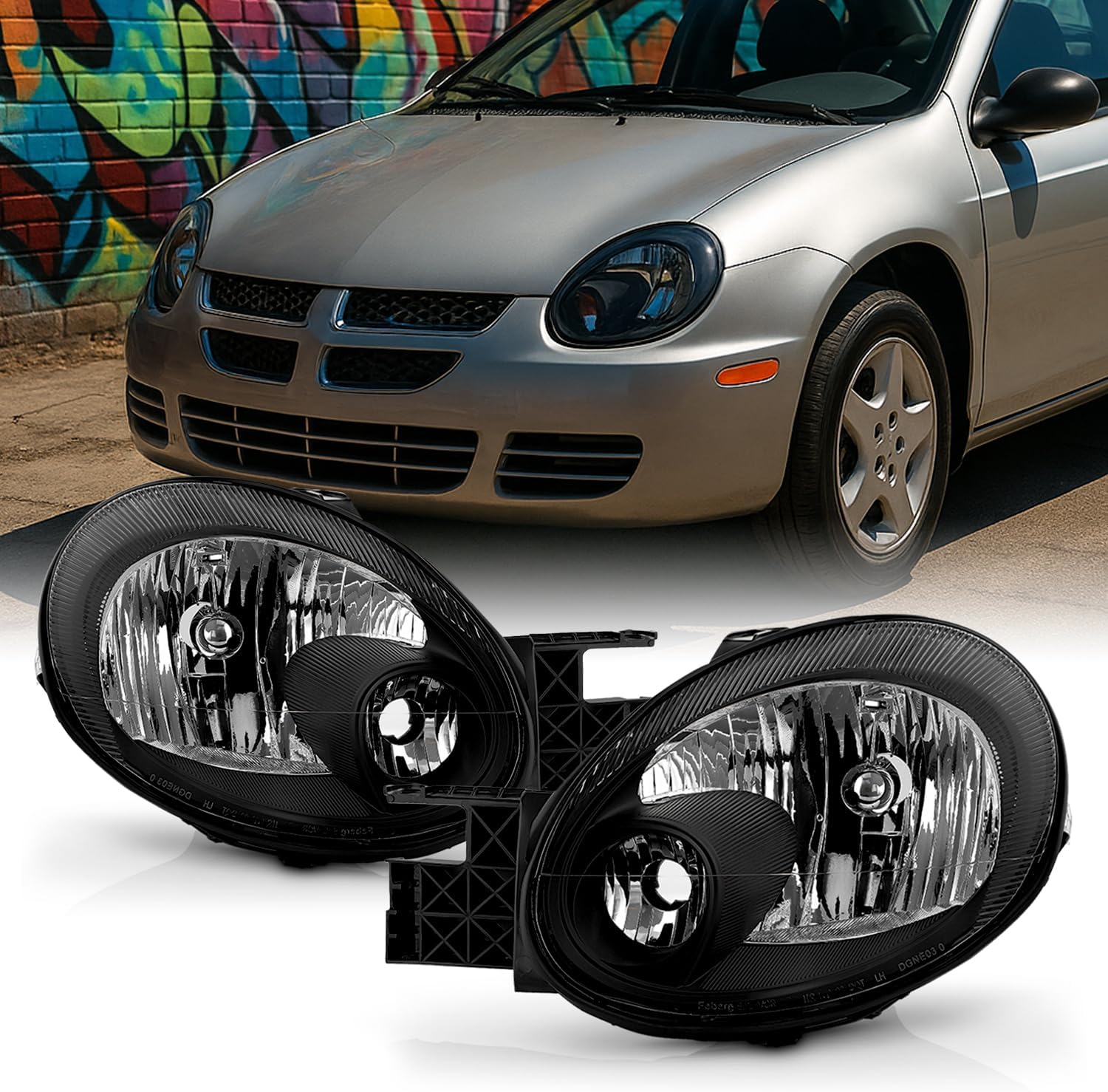 AKKON - For Dodge Neon OE Replacement Black Bezel Headlights Driver/Passenger Head Lamps Pair New