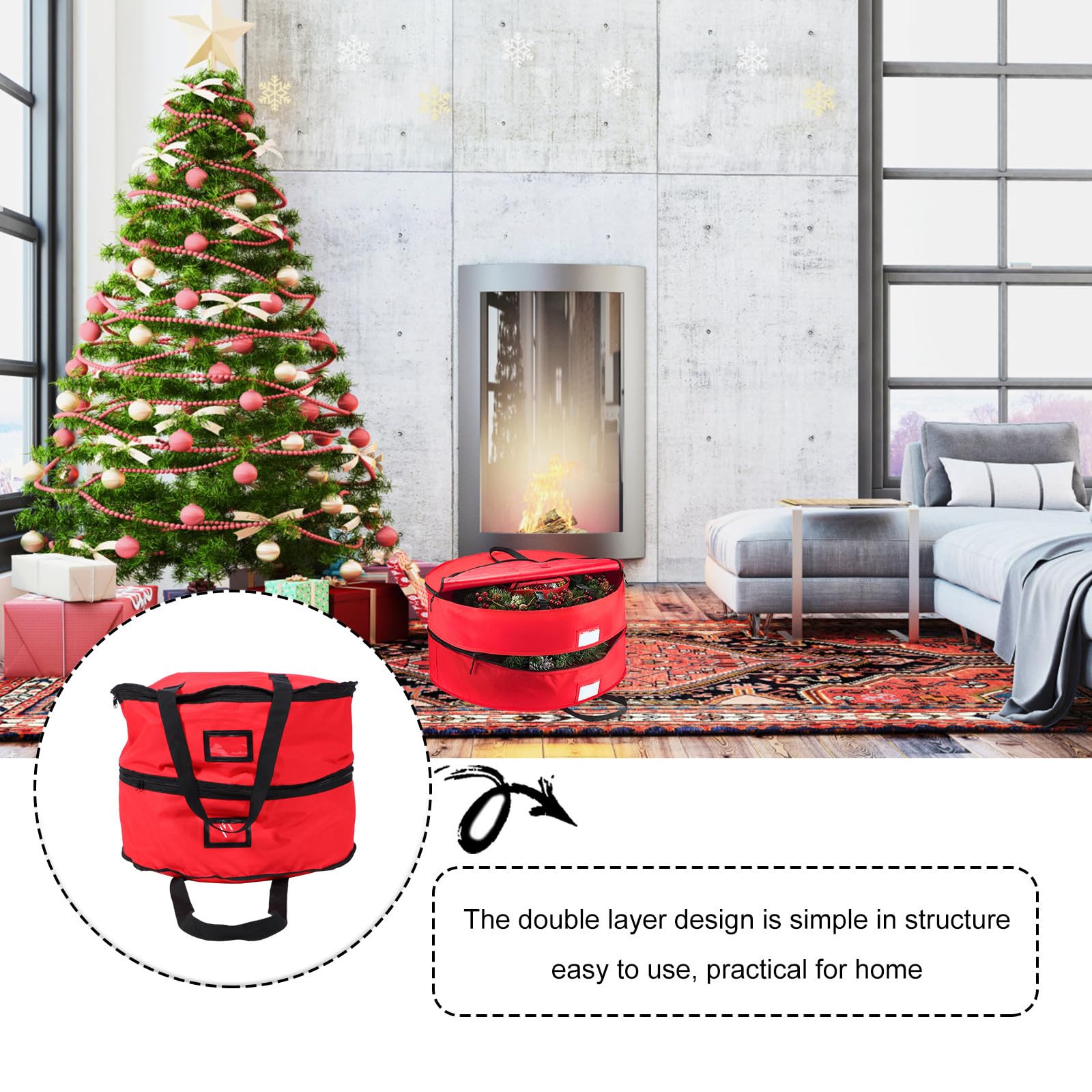 NUOBESTY Weihnachtskranz Aufbewahrungstasche Runder Packbeutel aus 600d Oxford Stoff Doppellagig Rot für Weihnachtskränze und Weihnachtsglocken für Haushalt und Zuhause