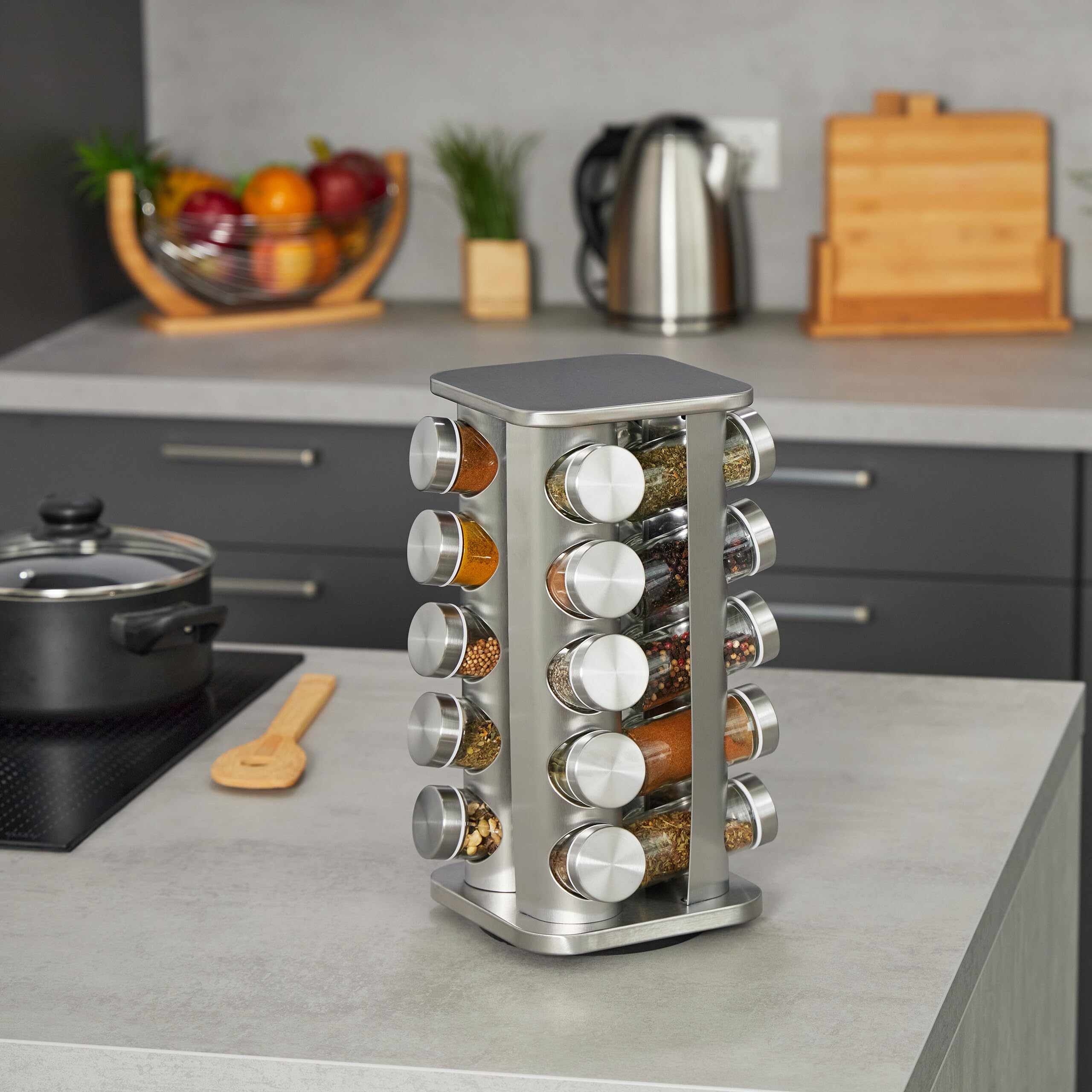 Relaxdays Tourniquet à épices, Acier INOX, 20 Pots en Verre, 40 étiquettes, Rotatif à 360°, HLP : 33,5x20x20 cm, argenté