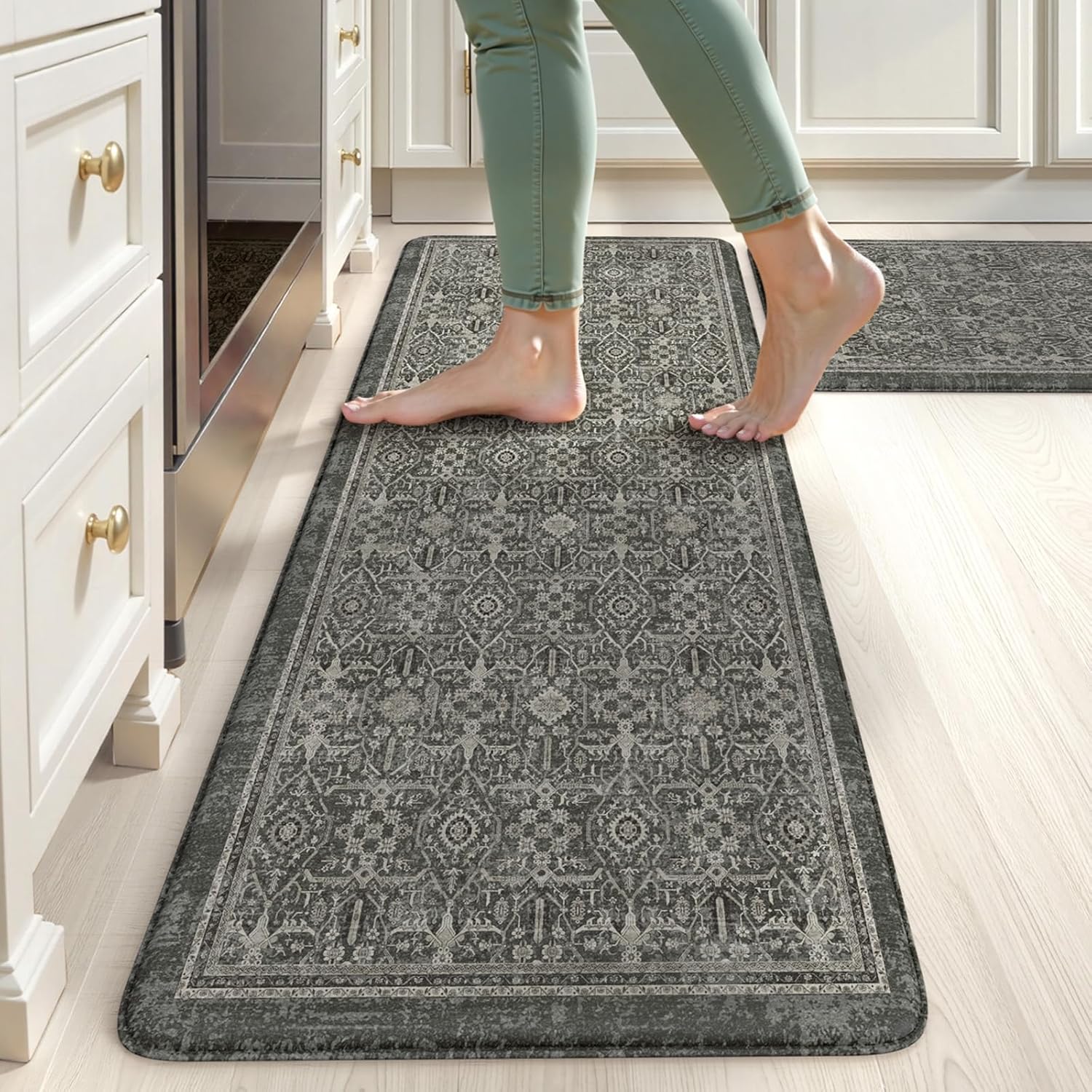 KIMODE Anti Fatigue Kitchen Mats for Floor Non Slip,Boho Farmhouse Kitchen Rugs Sets of 2,Memory Foam Standing Mat for Office,Waterproof Sink Rug for Laundry Office,Dark Green 17.3" x 47 "+ 17.3" x 29 "--0.47 inches Dark Green