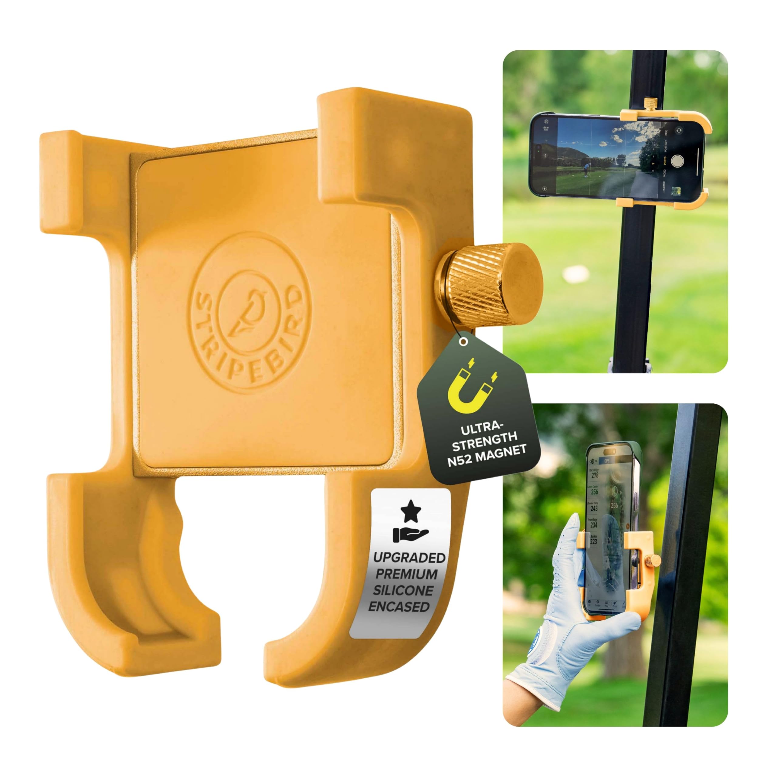 Stripebird Original Magnetic Golf Cart Phone Holder (Gold) - Mobile Phone Holder Golf Cart with Neodymium N52 Magnets - Golf Caddy - Golf Cart Phone Mount for iPhone, Samsung and Others