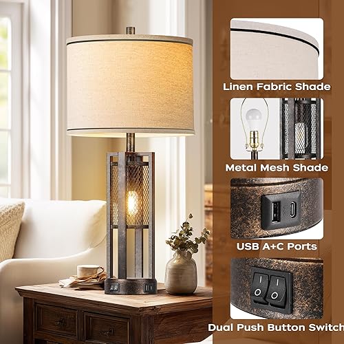 Miniatura 4 de Juego de 2 lámparas de mesa industriales de granja de 28 pulgadas, lámparas rústicas de mesita de noche con puertos USB A+C duales, lámparas de